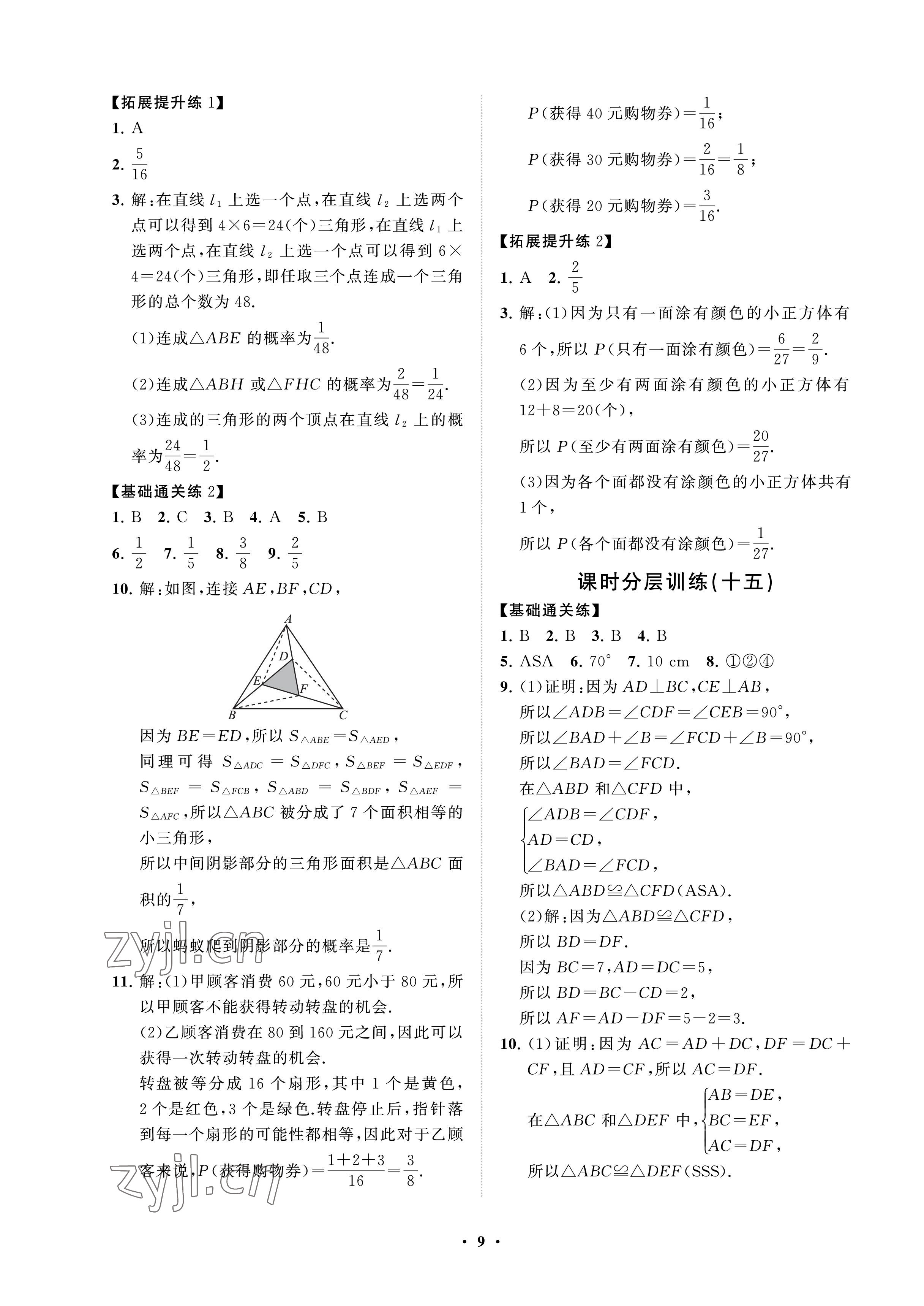 2023年同步练习册分层卷七年级数学下册鲁教版54制 参考答案第9页