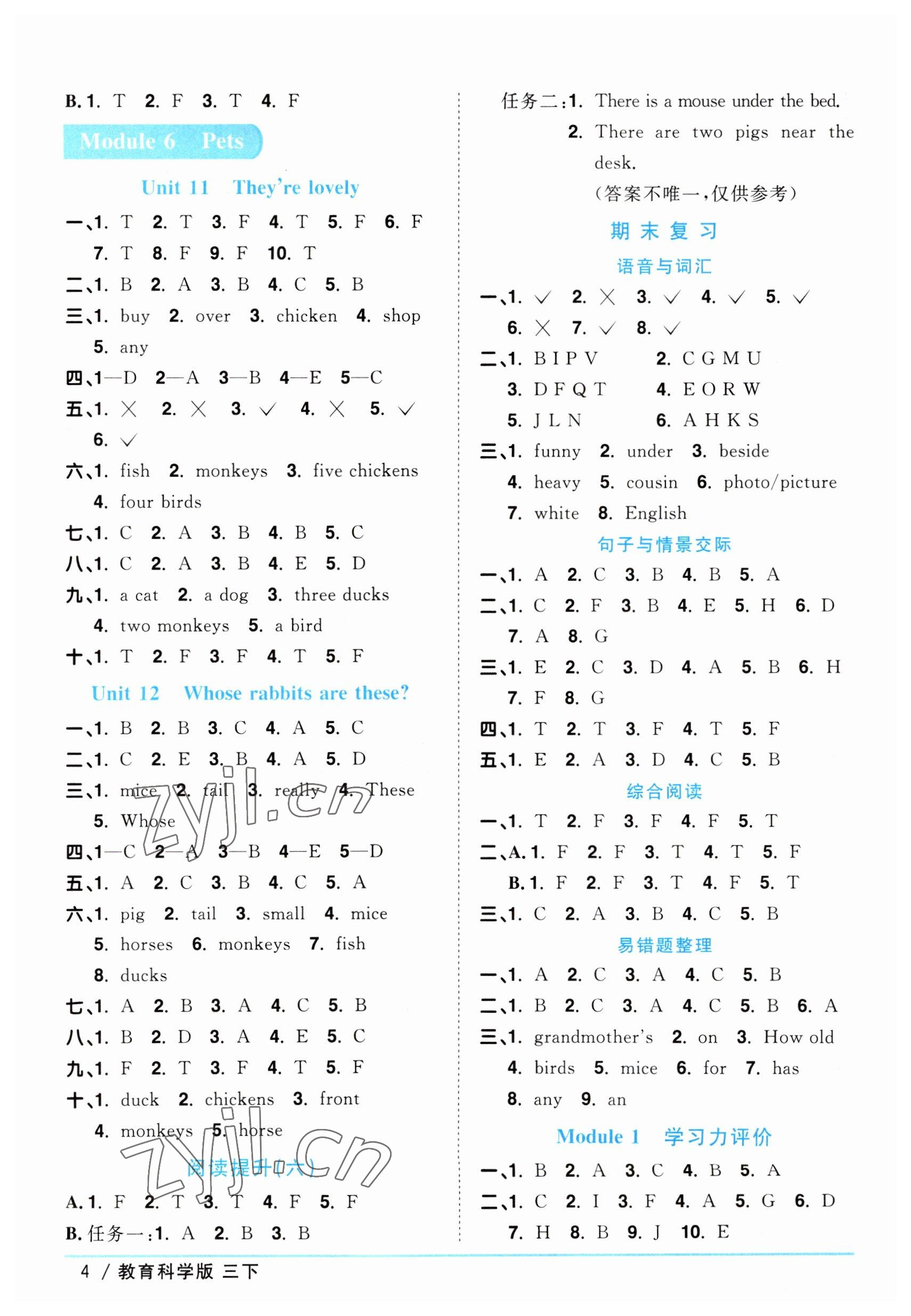 2023年陽光同學(xué)課時優(yōu)化作業(yè)三年級英語下冊教育科學(xué)版 參考答案第4頁