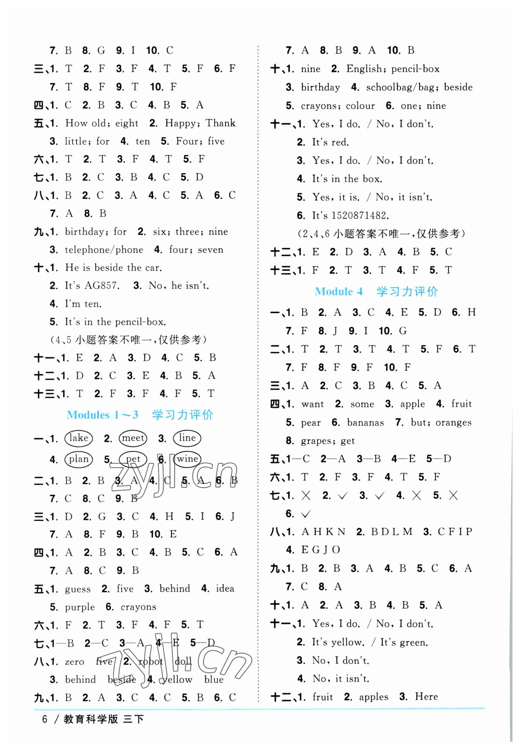 2023年陽光同學(xué)課時優(yōu)化作業(yè)三年級英語下冊教育科學(xué)版 參考答案第6頁