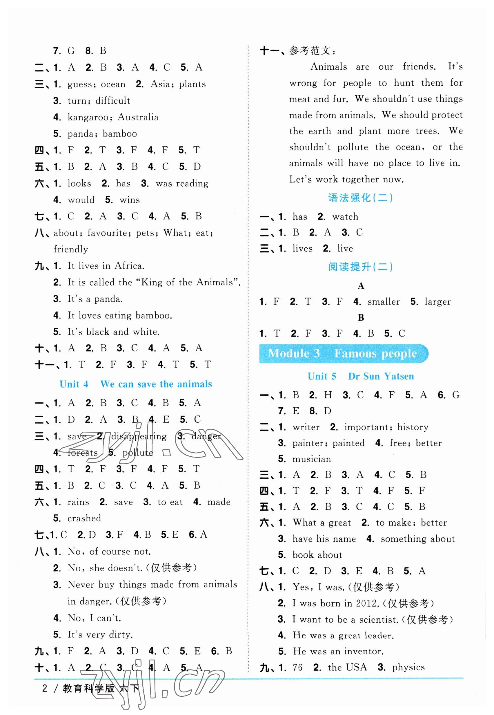 2023年陽光同學(xué)課時優(yōu)化作業(yè)六年級英語下冊教育科學(xué)版 參考答案第2頁