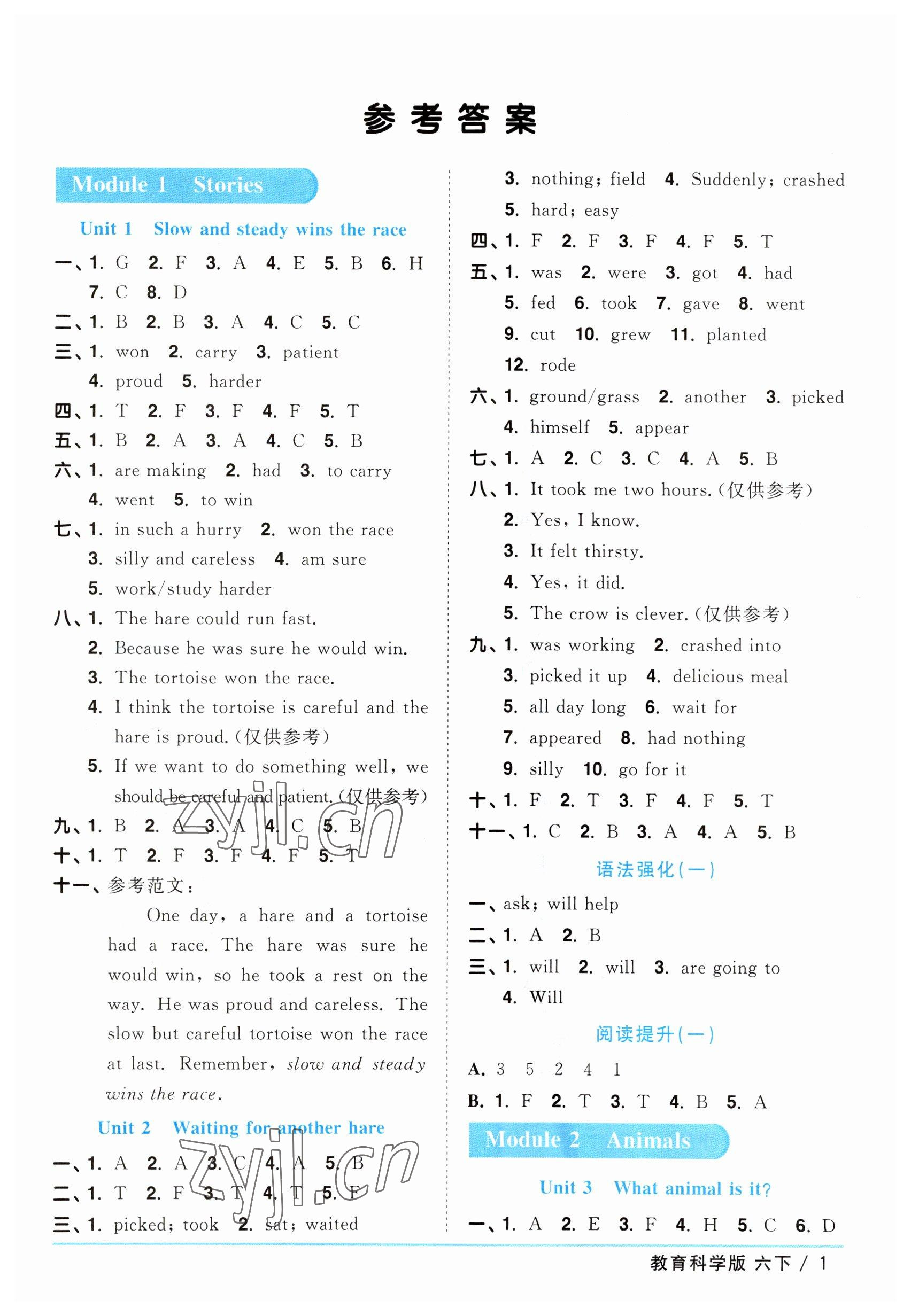 2023年陽光同學(xué)課時優(yōu)化作業(yè)六年級英語下冊教育科學(xué)版 參考答案第1頁