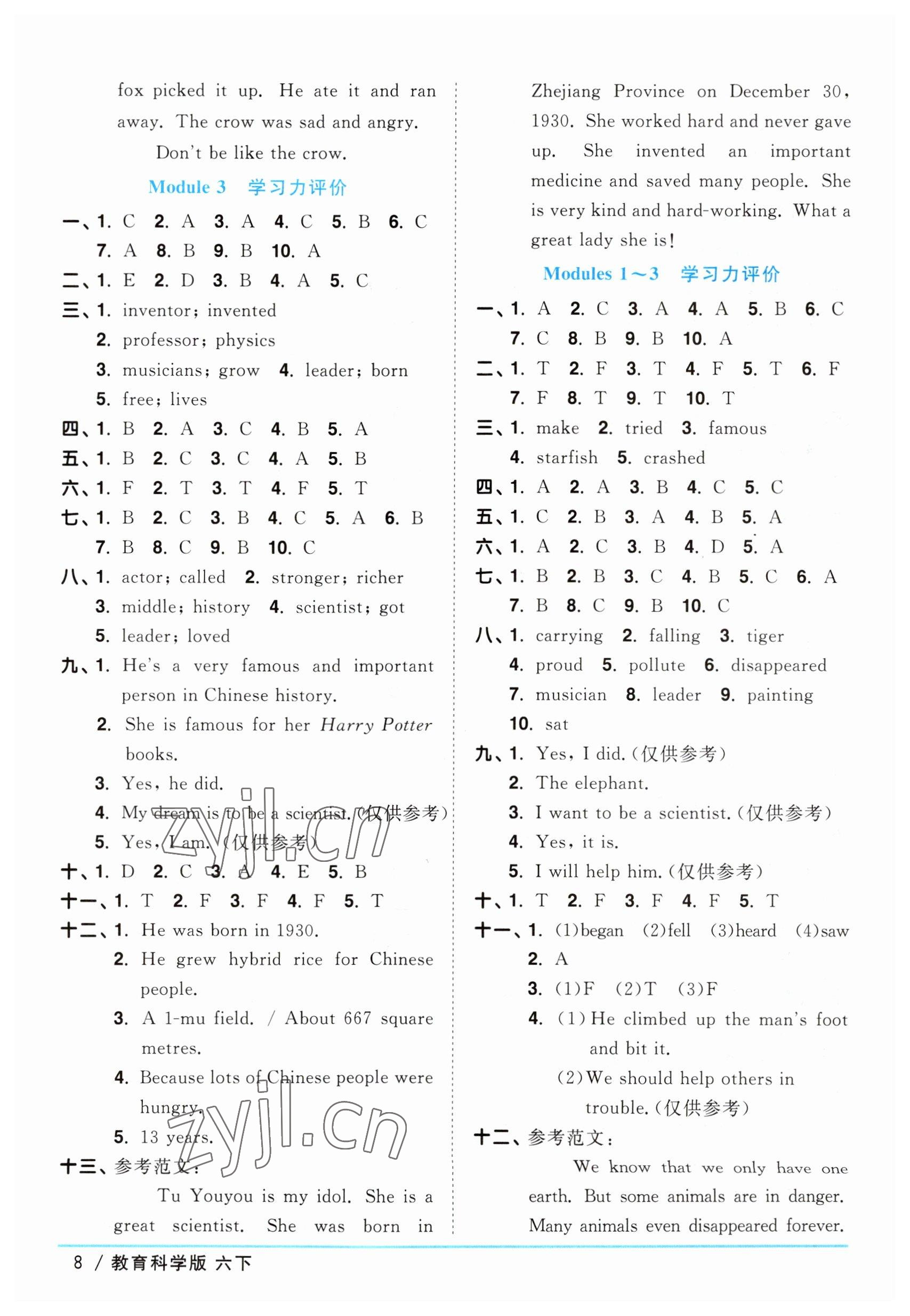 2023年陽光同學(xué)課時優(yōu)化作業(yè)六年級英語下冊教育科學(xué)版 參考答案第8頁