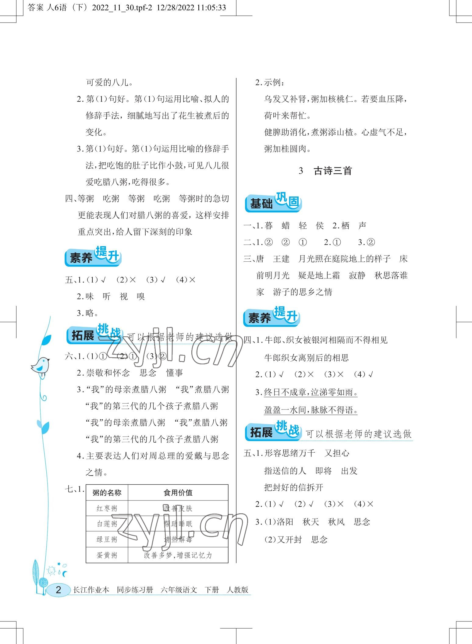 2023年长江作业本同步练习册六年级语文下册人教版 参考答案第2页
