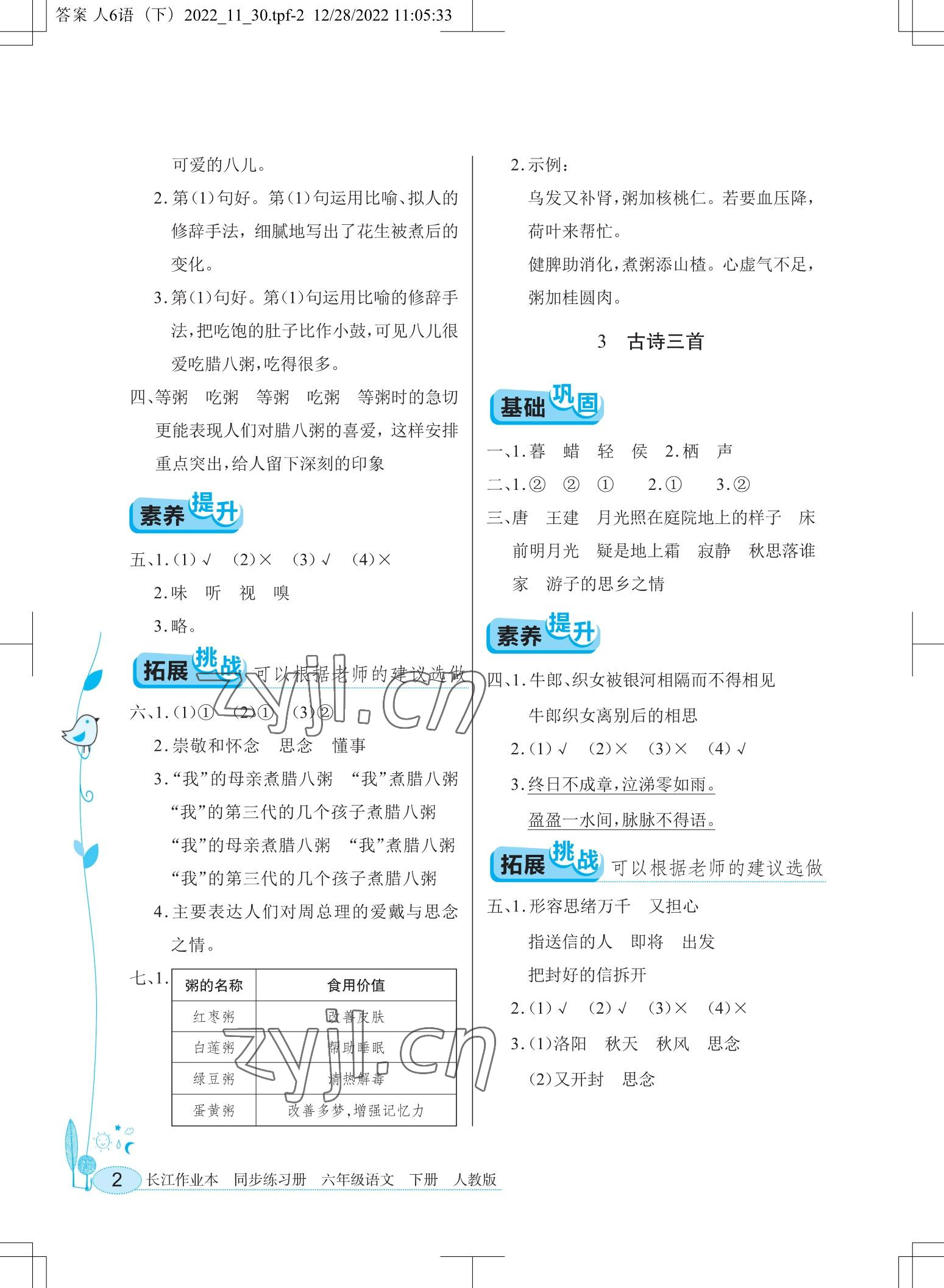 2023年長江作業(yè)本同步練習(xí)冊六年級語文下冊人教版 參考答案第2頁