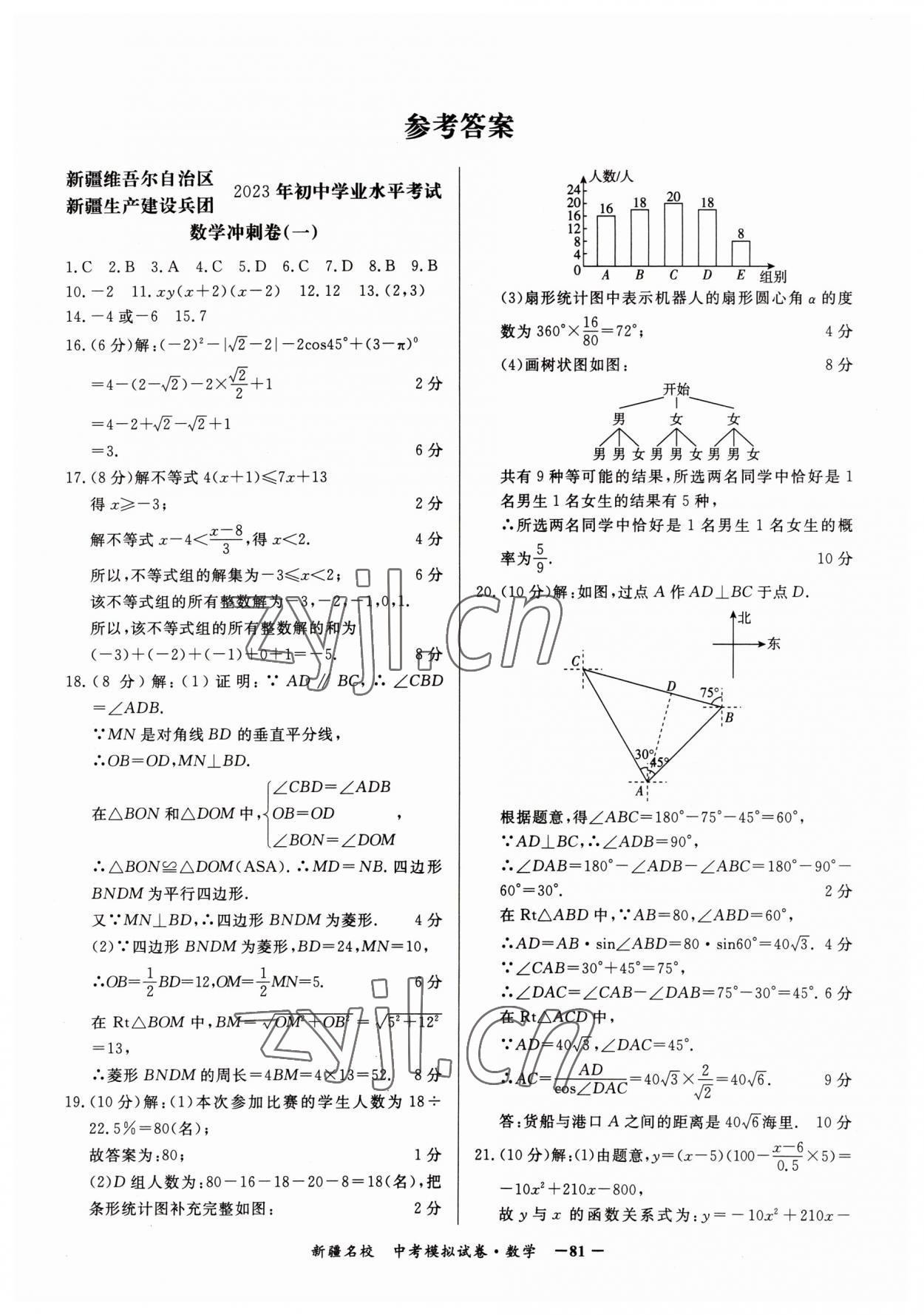 2023年新疆名校中考模拟试卷数学 参考答案第1页