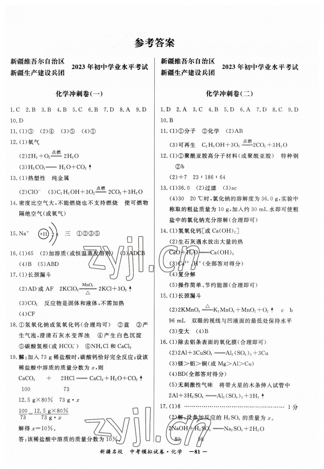 2023年新疆名校中考模拟试卷化学 参考答案第1页