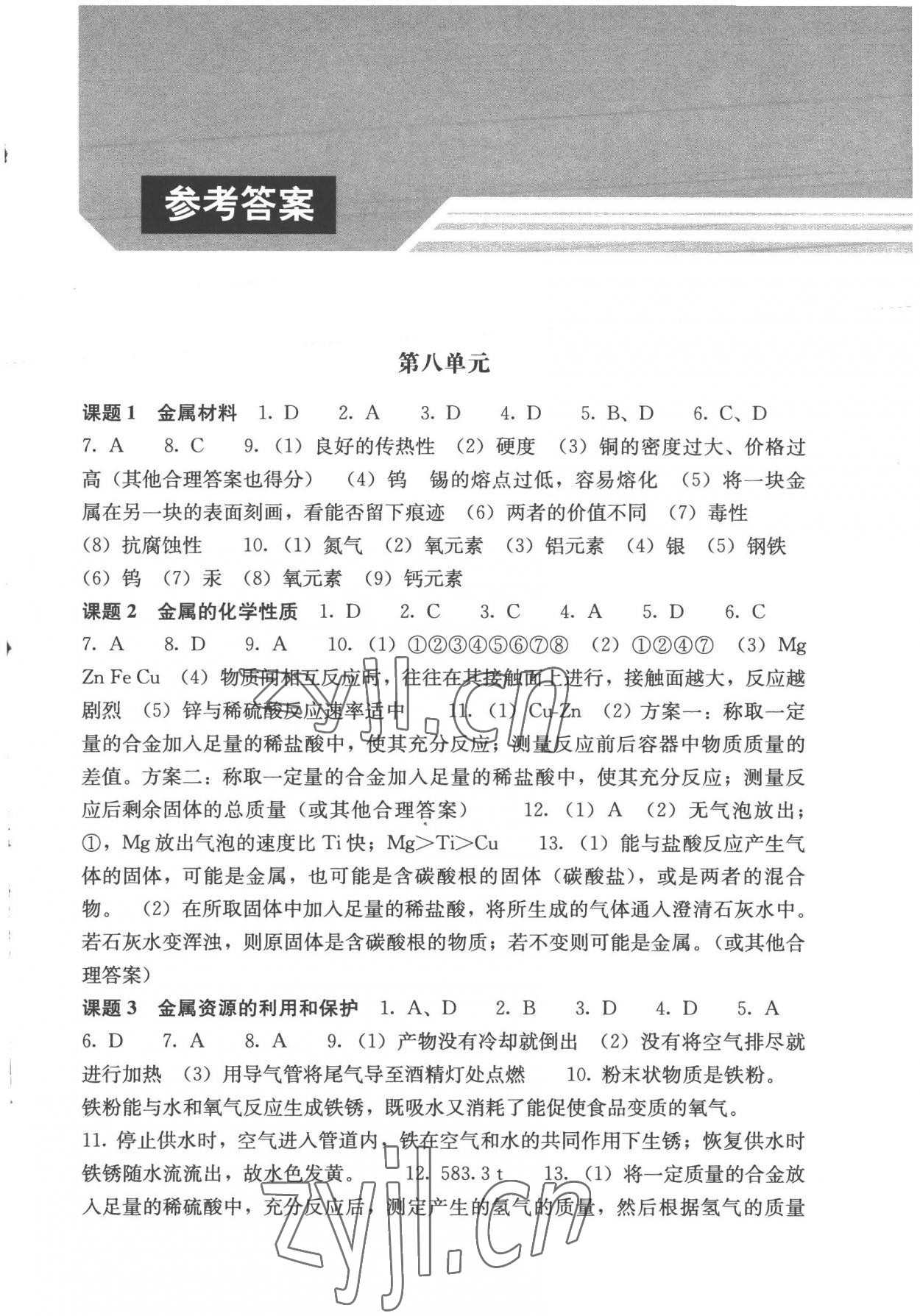 2023年补充习题江苏九年级化学下册人教版人民教育出版社 参考答案第1页