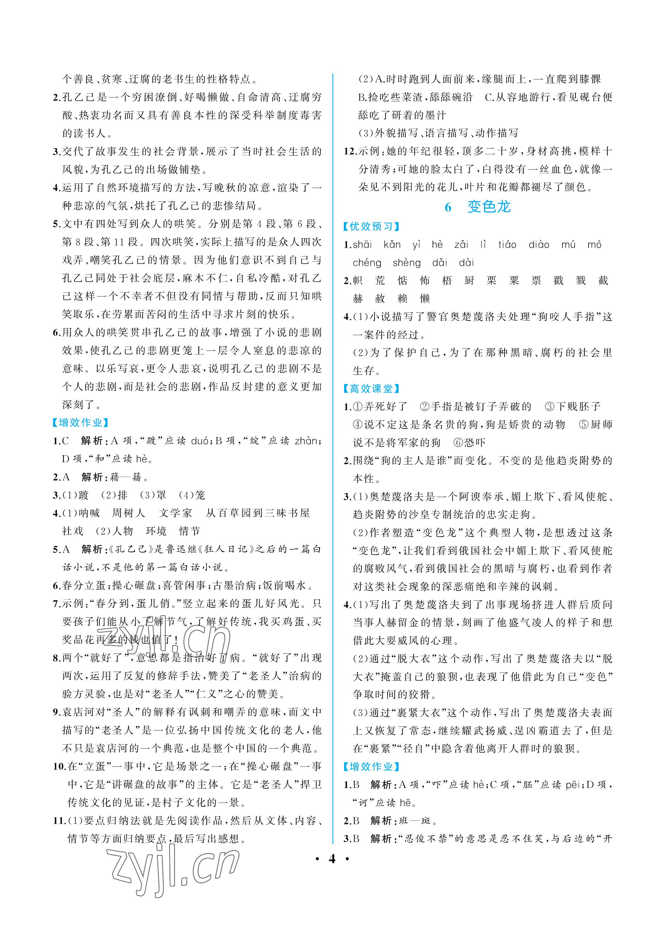 2023年人教金学典同步解析与测评九年级语文下册人教版重庆专版 参考答案第4页