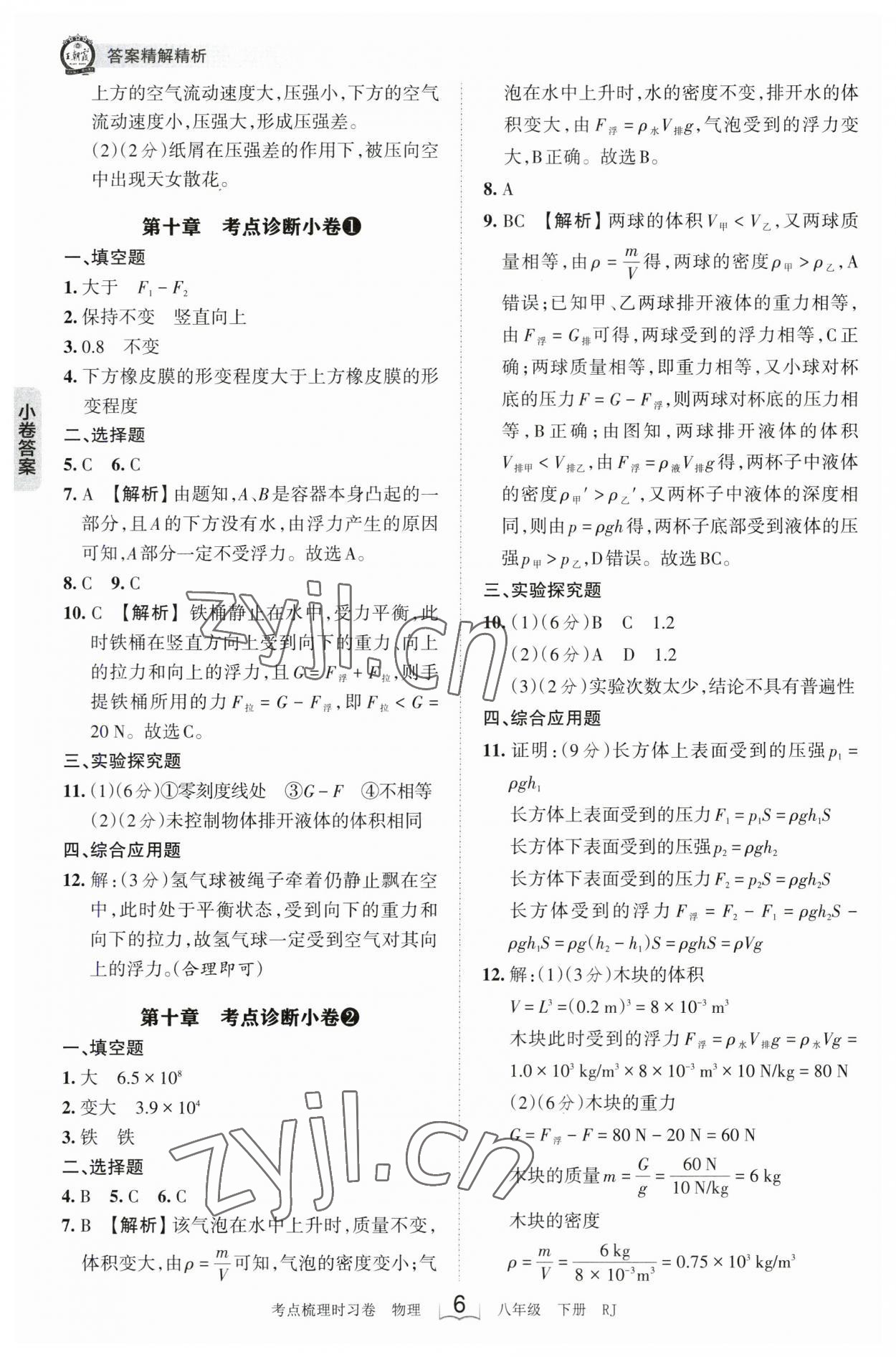 2023年王朝霞考点梳理时习卷八年级物理下册人教版 参考答案第6页