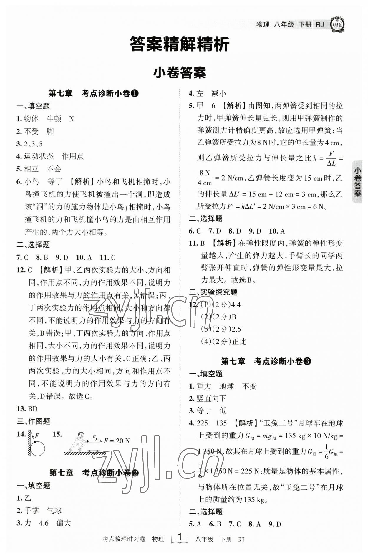 2023年王朝霞考点梳理时习卷八年级物理下册人教版 参考答案第1页