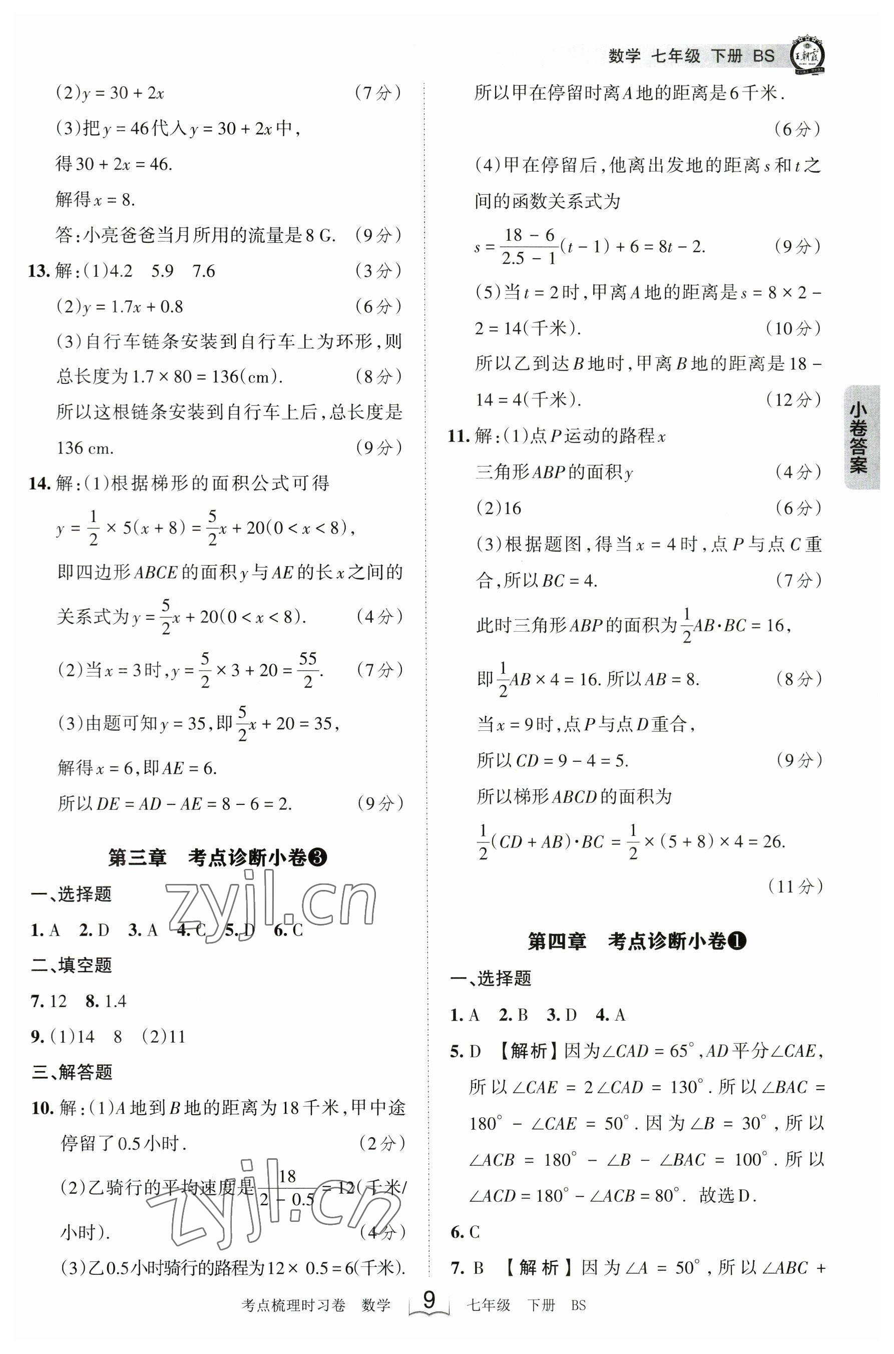 2023年王朝霞考点梳理时习卷七年级数学下册北师大版 参考答案第9页
