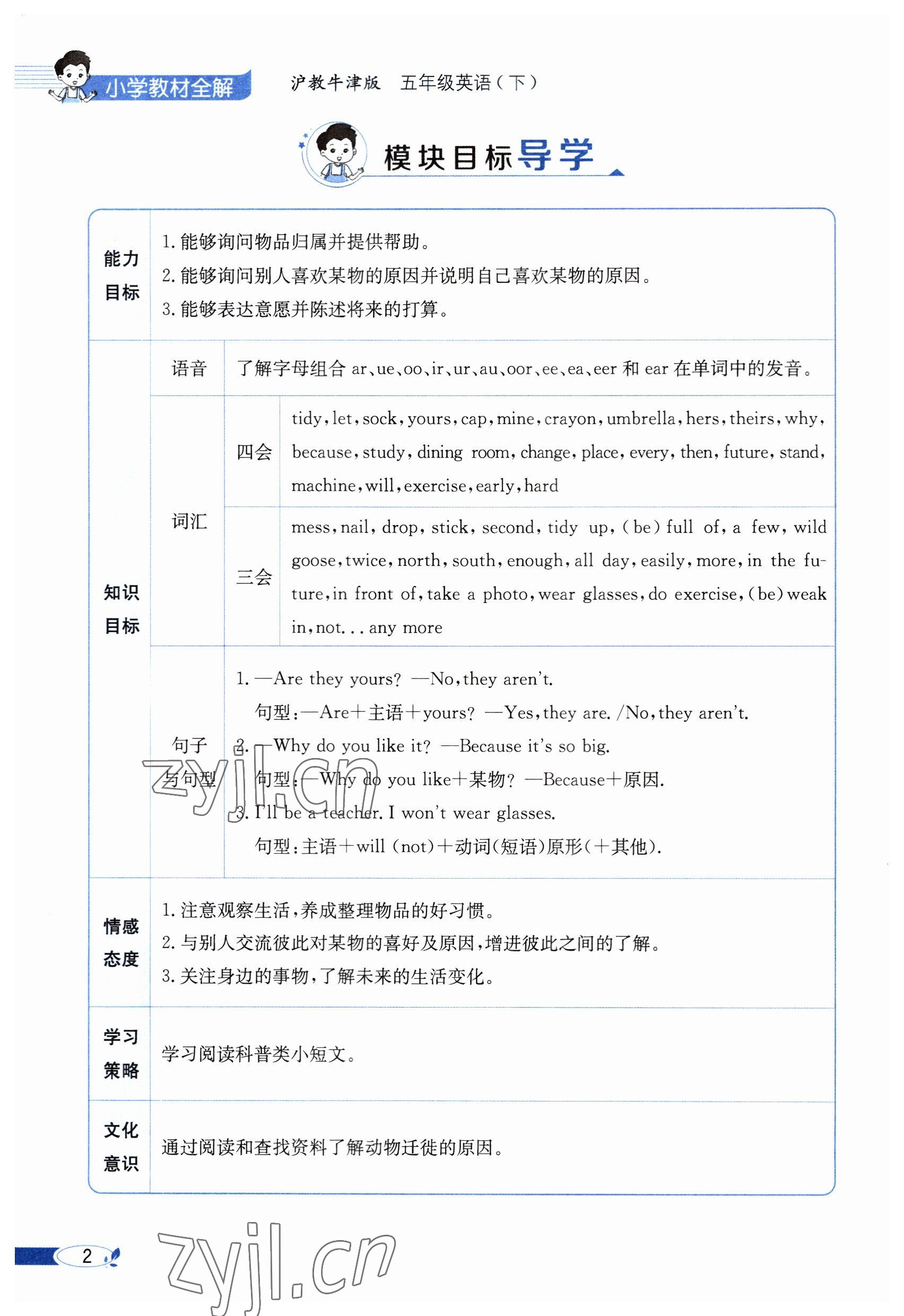 2023年教材课本五年级英语下册沪教版 参考答案第2页