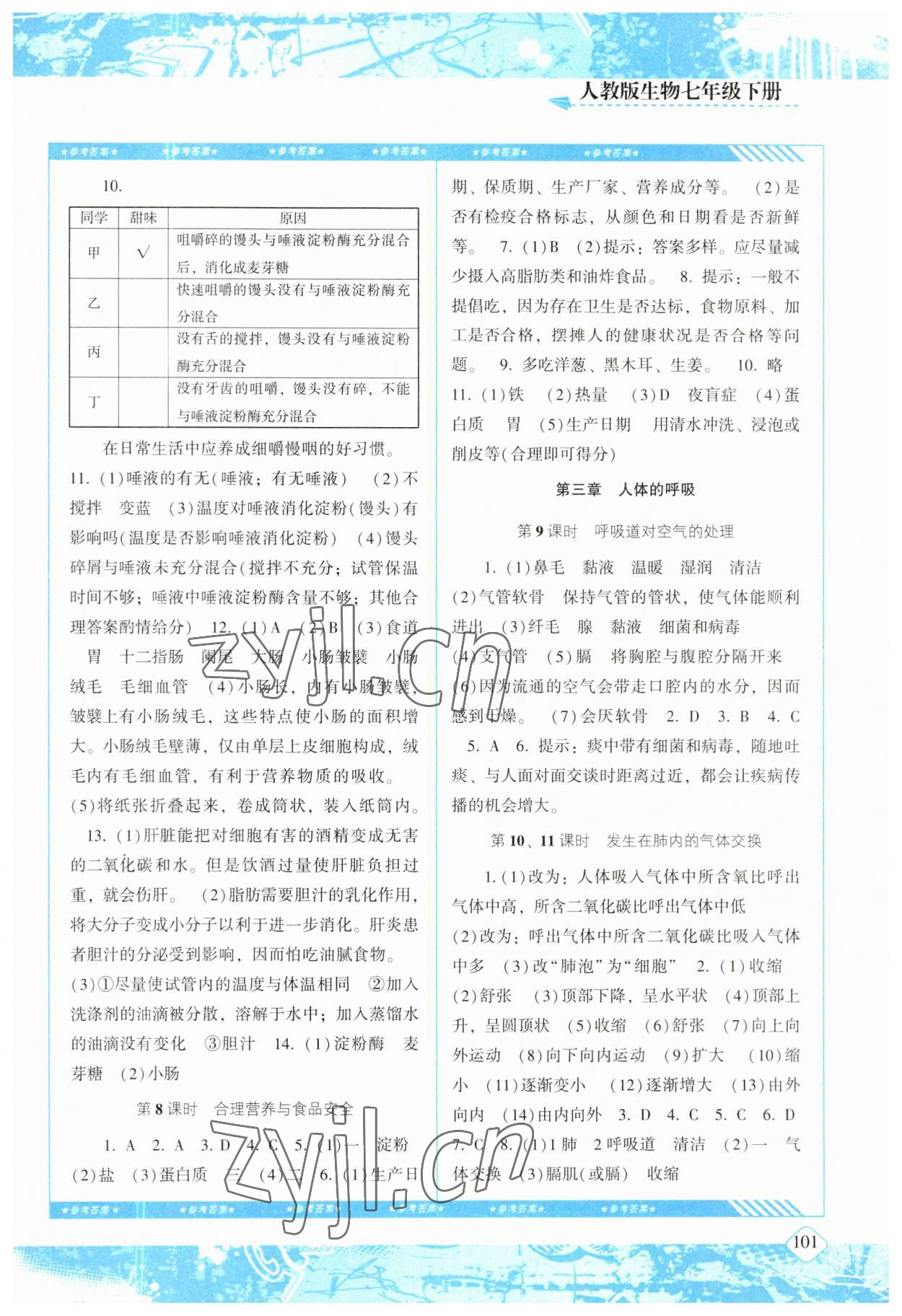 2023年同步实践评价课程基础训练社七年级生物下册人教版 参考答案第2页