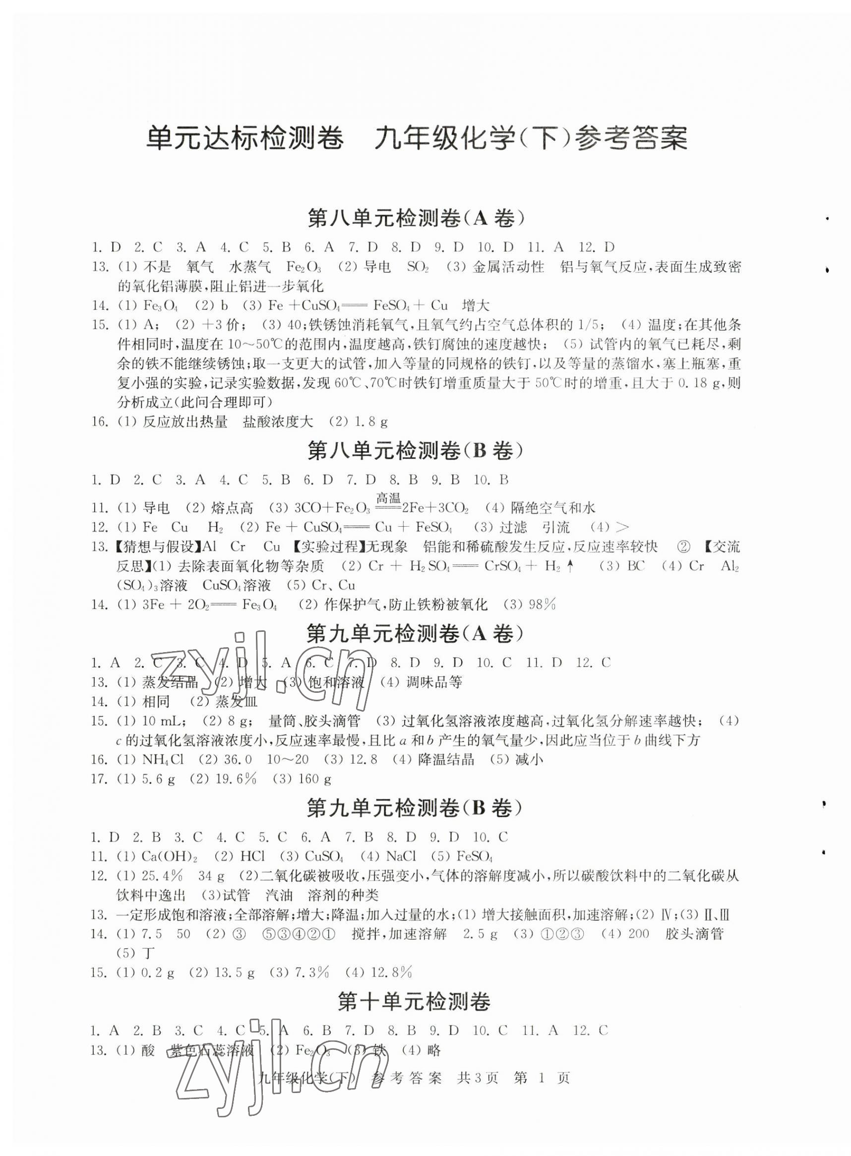 2023年伴你学单元达标测试卷九年级化学下册人教版 参考答案第1页