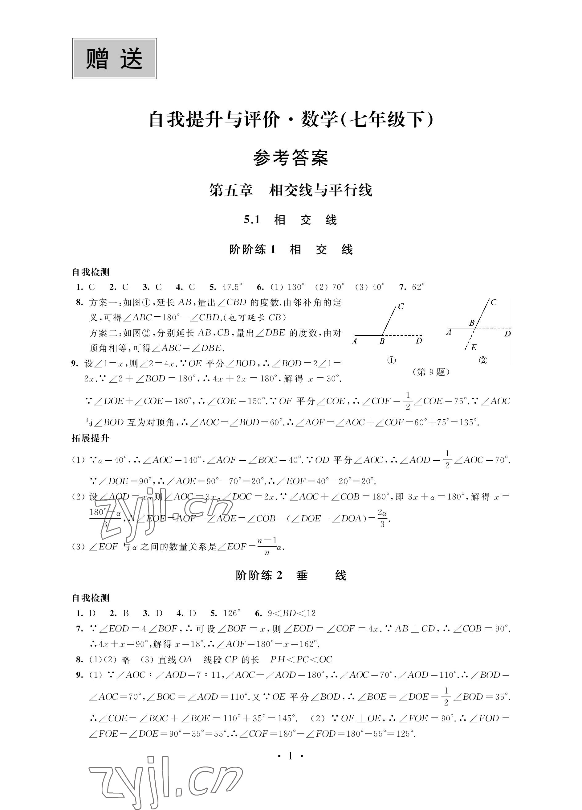 2023年自我提升与评价七年级数学下册人教版 参考答案第1页