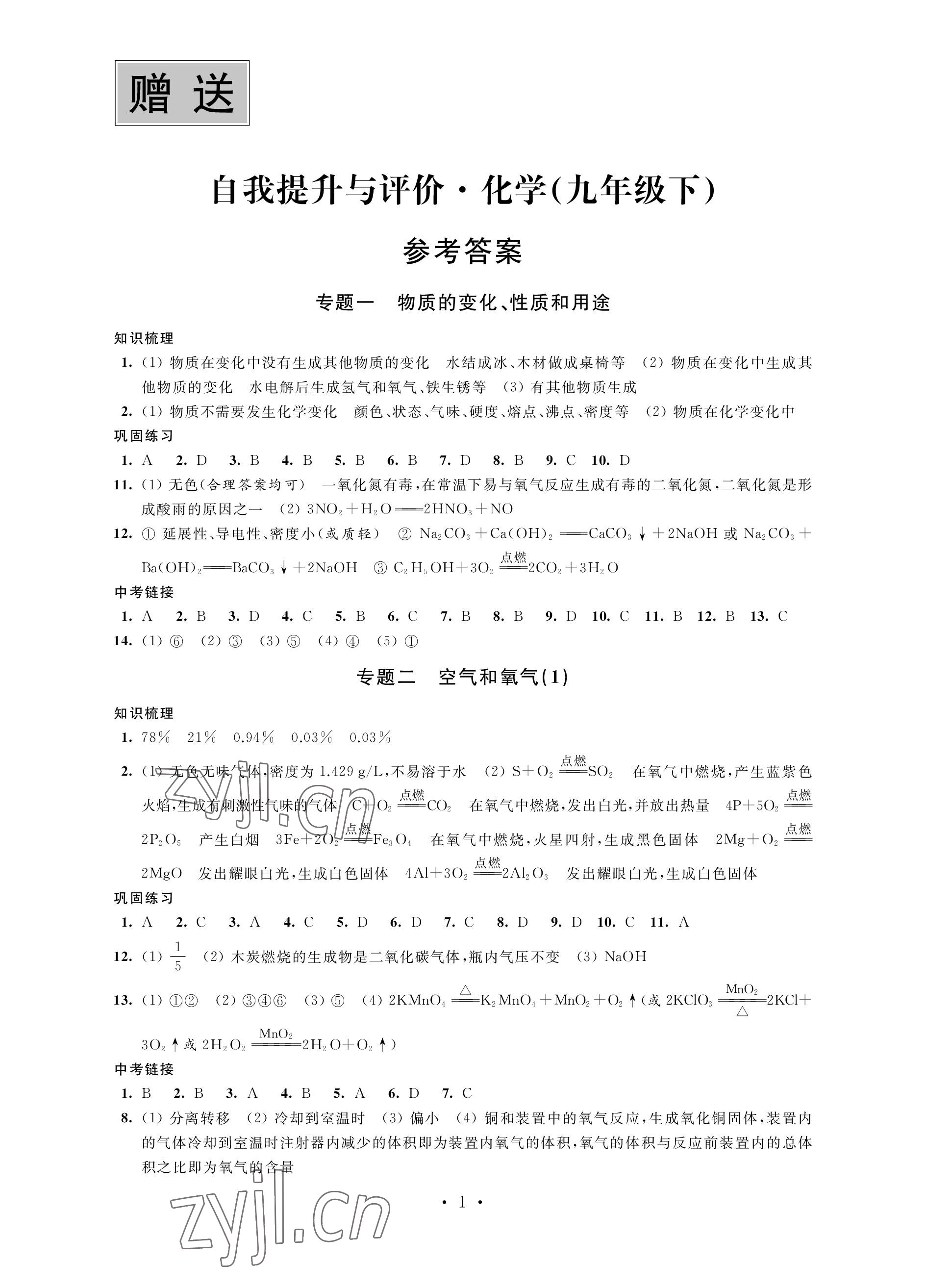 2023年自我提升与评价九年级化学下册人教版 参考答案第1页