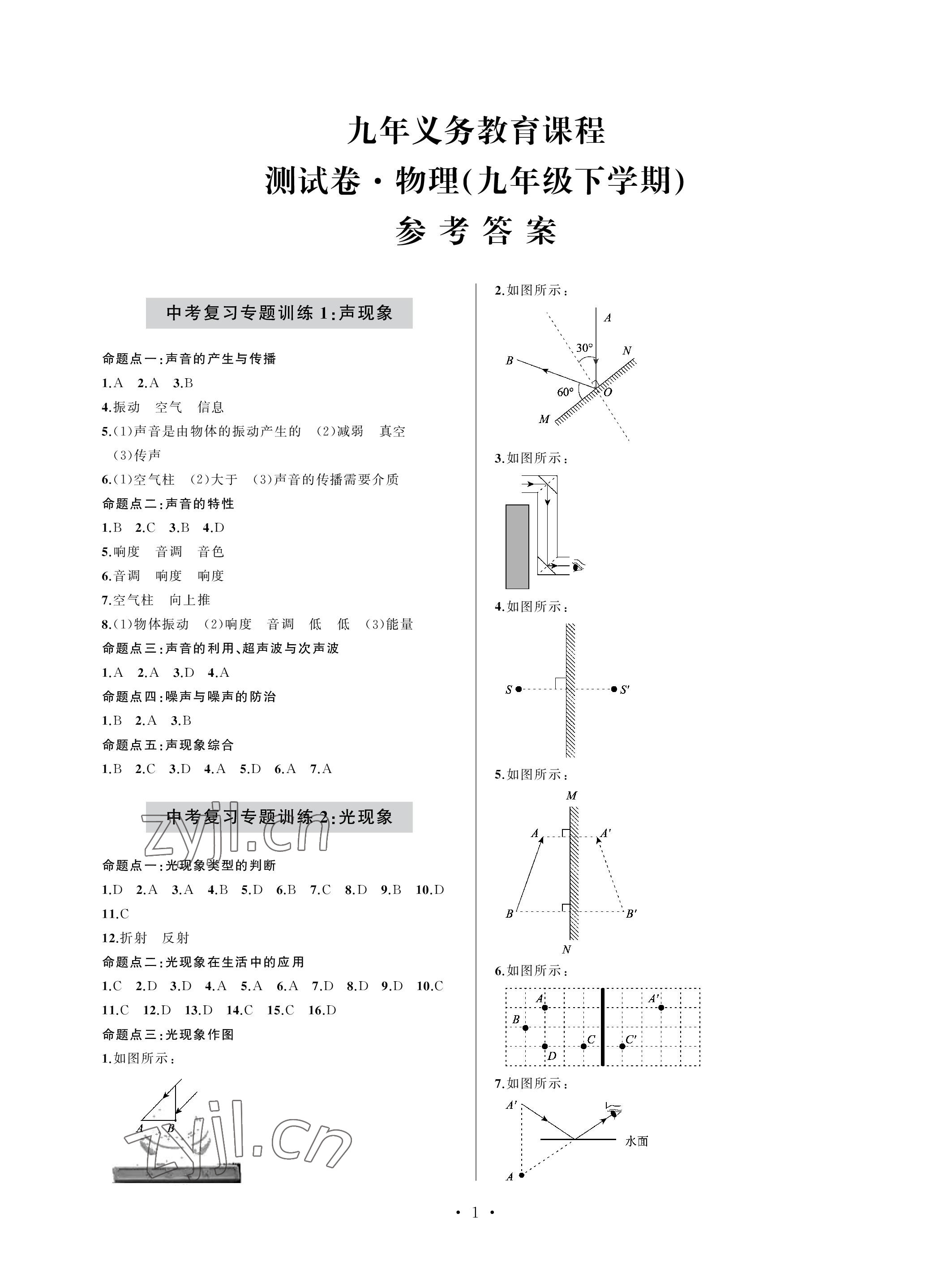 2023年单元自测试卷青岛出版社九年级物理下学期沪科版 参考答案第1页