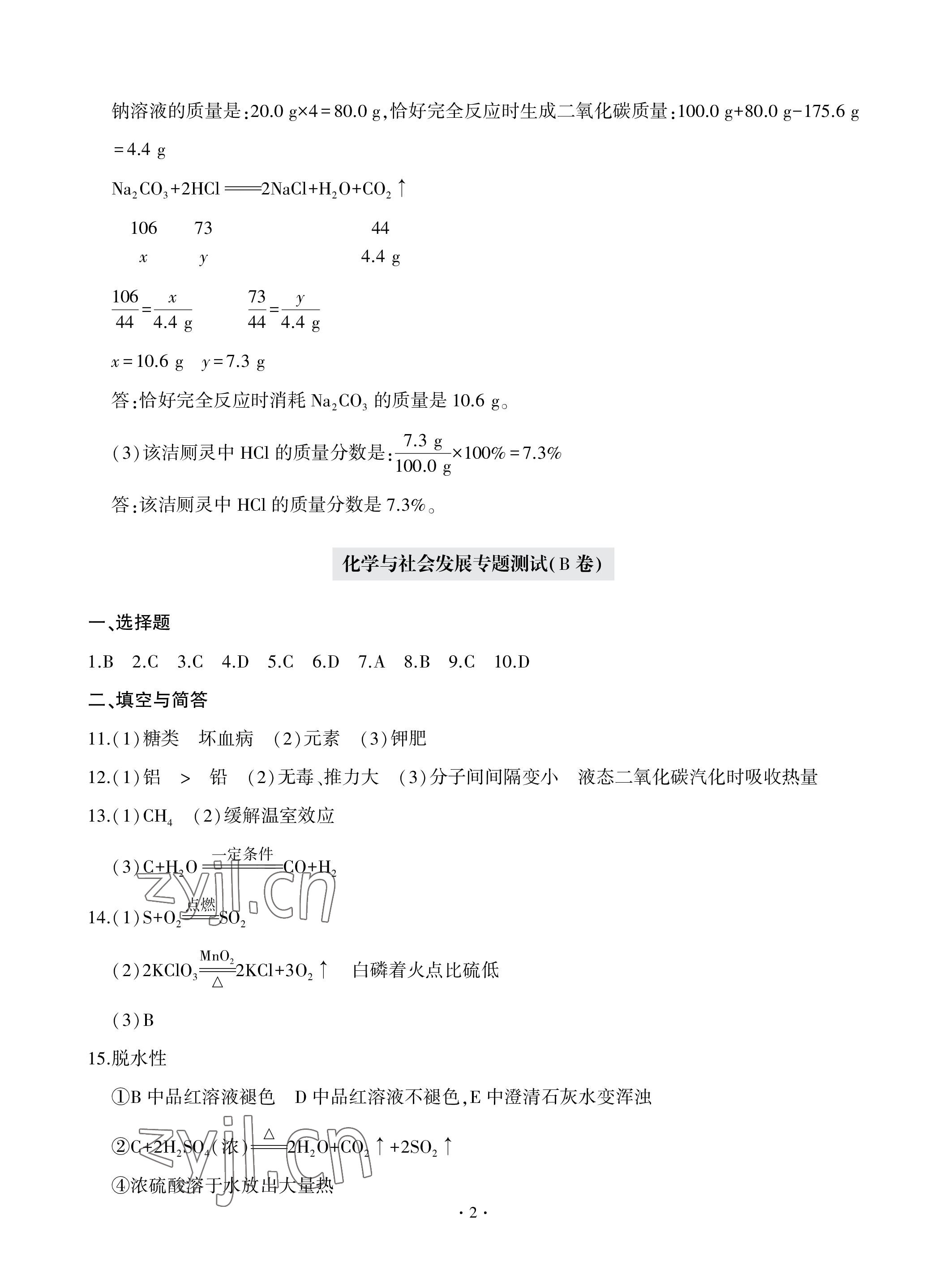 2023年单元自测试卷青岛出版社九年级化学下学期人教版 参考答案第2页