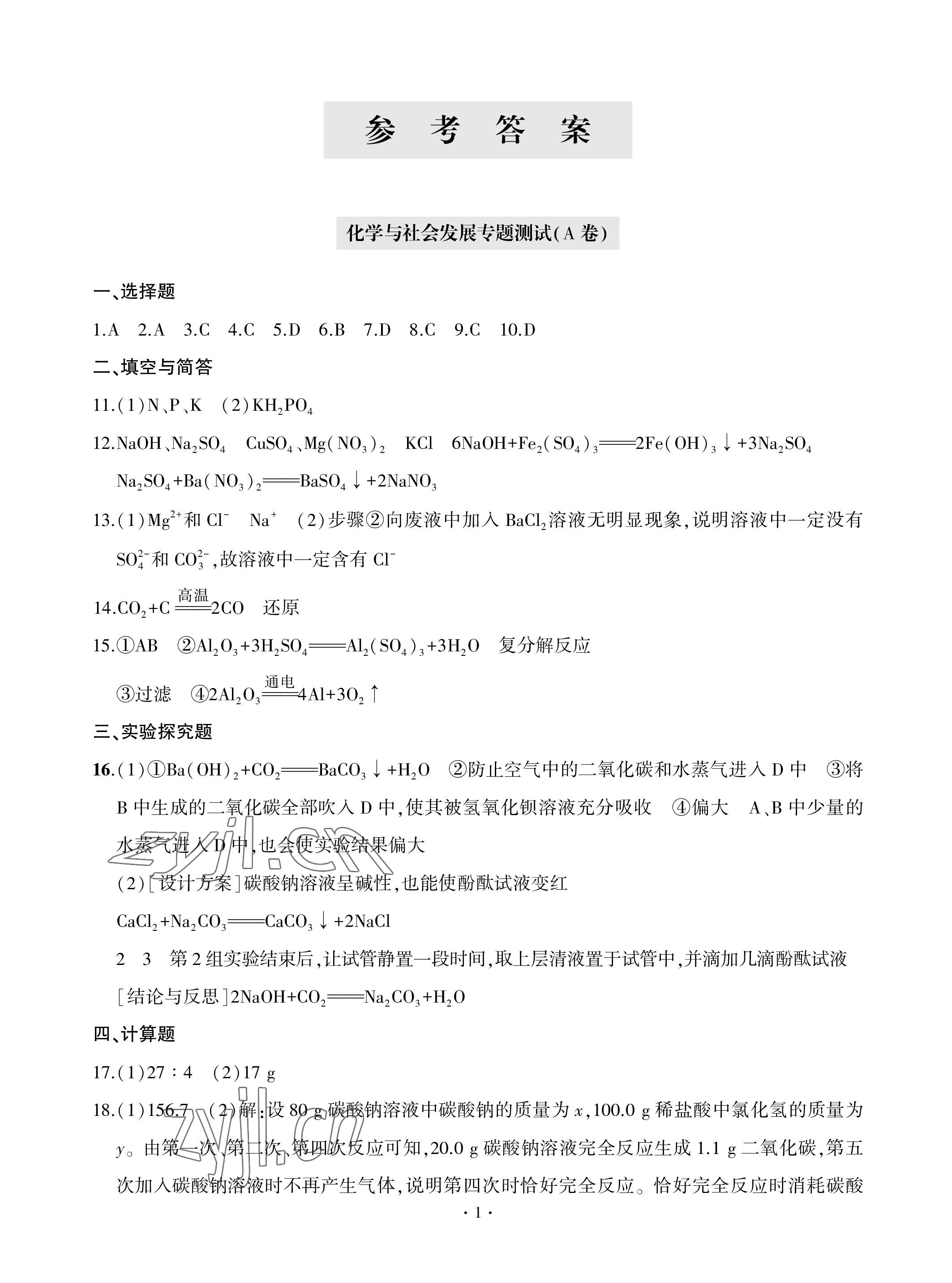 2023年单元自测试卷青岛出版社九年级化学下学期人教版 参考答案第1页