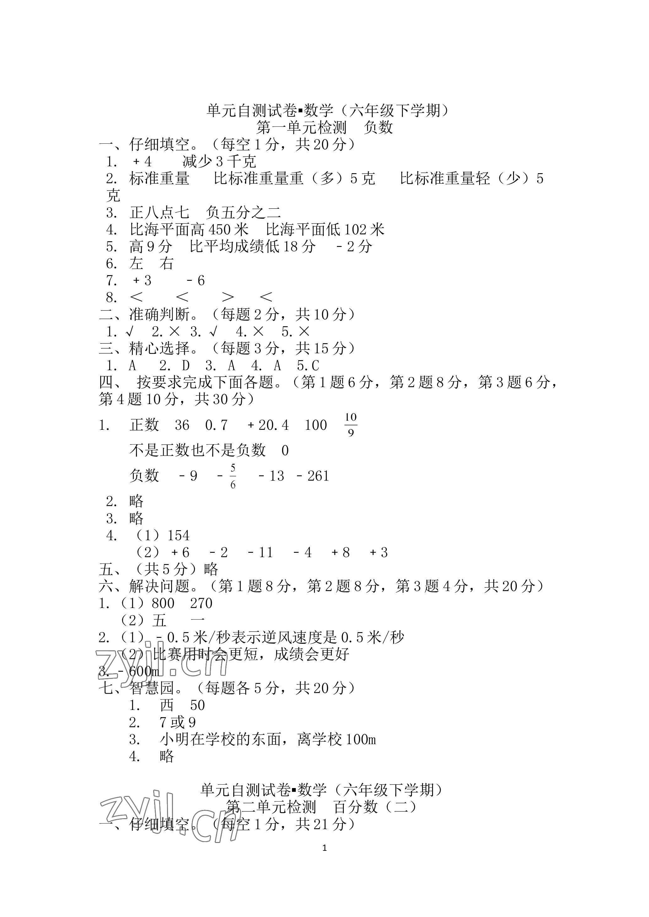 2023年單元自測(cè)試卷青島出版社六年級(jí)數(shù)學(xué)下學(xué)期人教版 參考答案第1頁