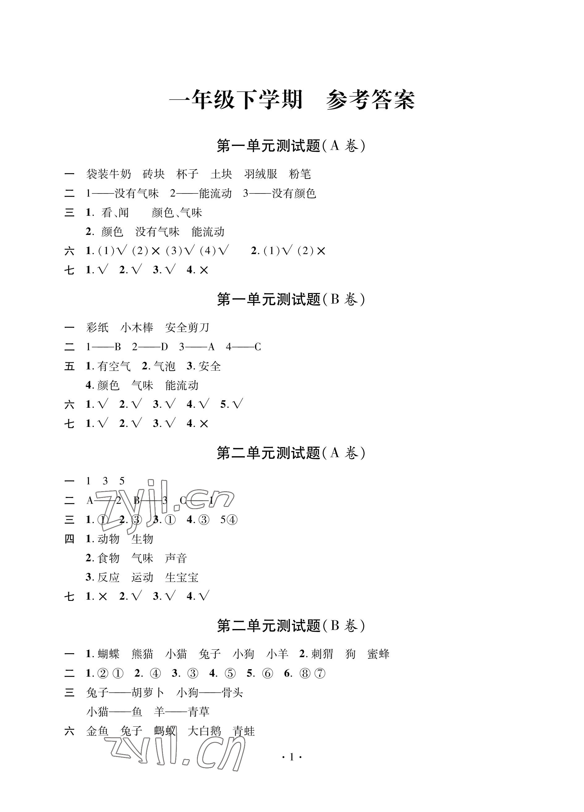 2023年单元自测试卷青岛出版社一年级科学下学期青岛版 参考答案第1页