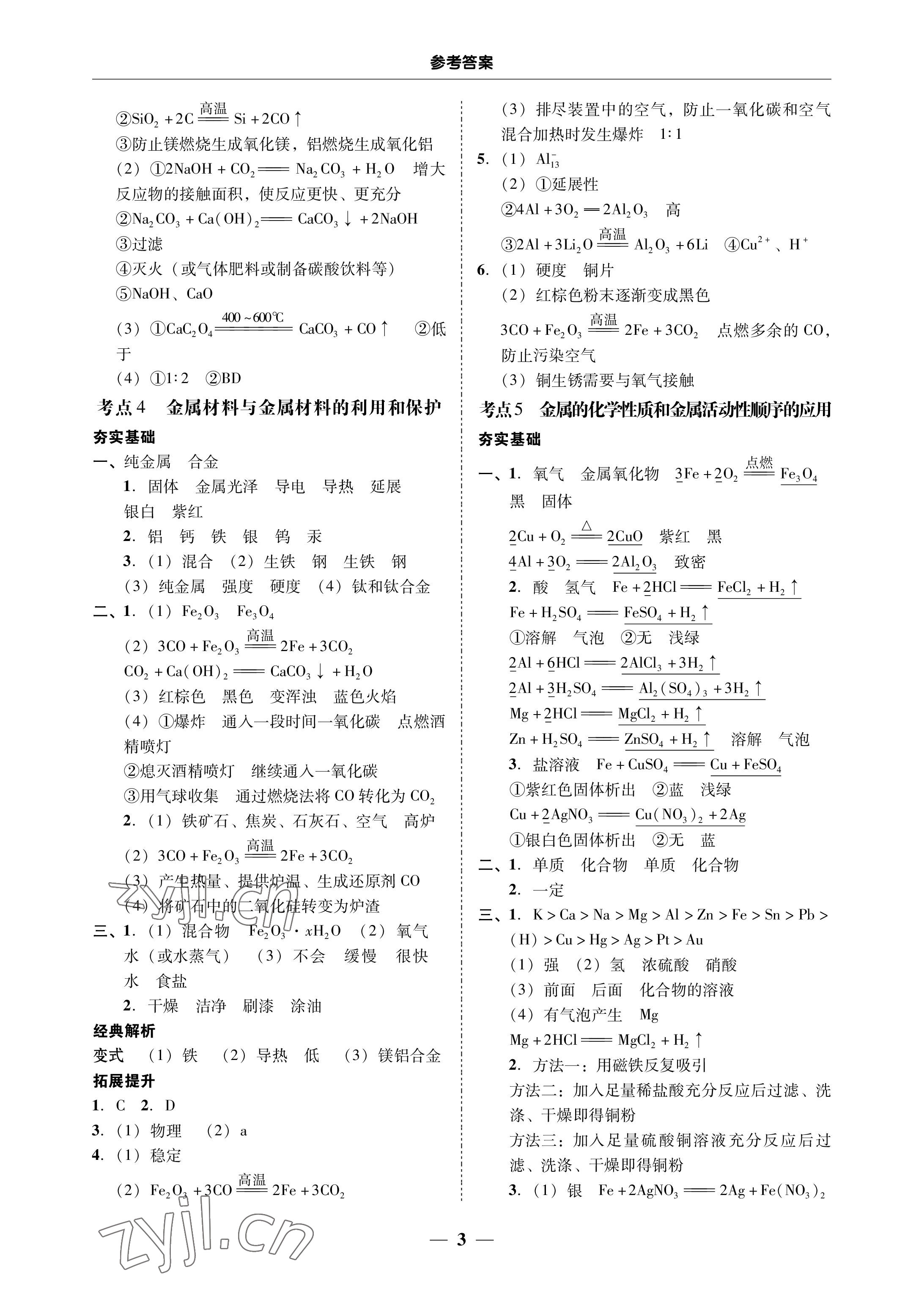 2023年南粤学典中考解读化学 参考答案第3页