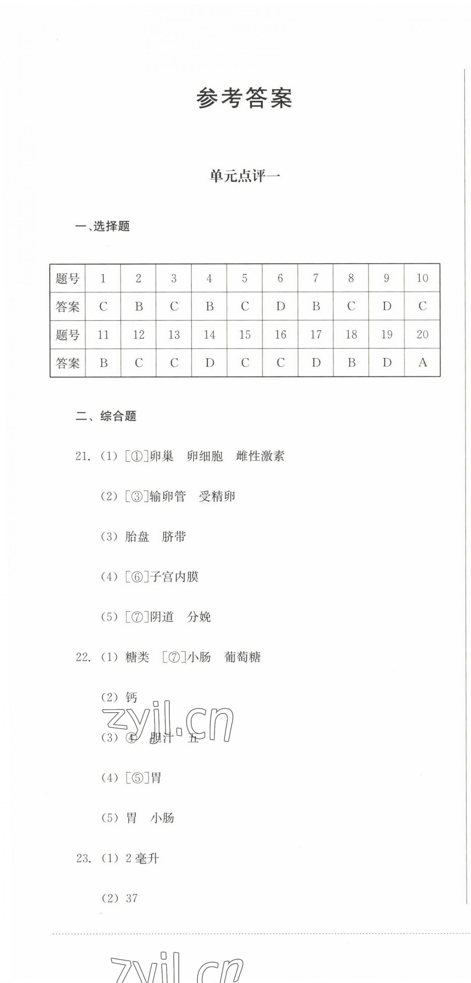 2023年学情点评四川教育出版社七年级生物下册人教版 第1页