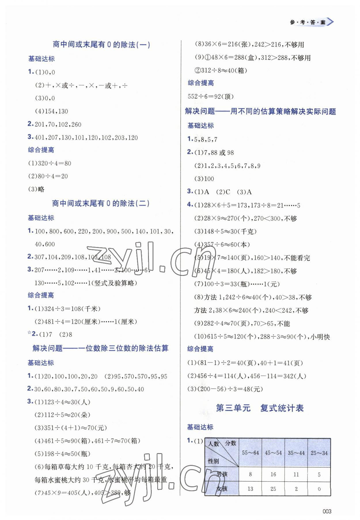 2023年学习质量监测三年级数学下册人教版 参考答案第3页