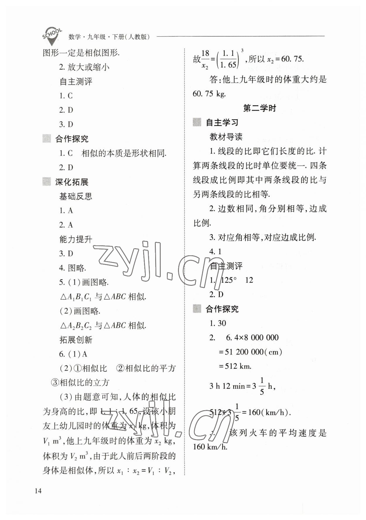 2023年新课程问题解决导学方案九年级数学下册人教版 参考答案第14页