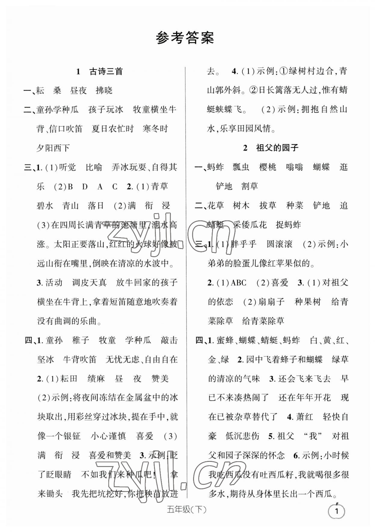 2023年语文要素天天练五年级语文下册人教版浙江专版 参考答案第1页