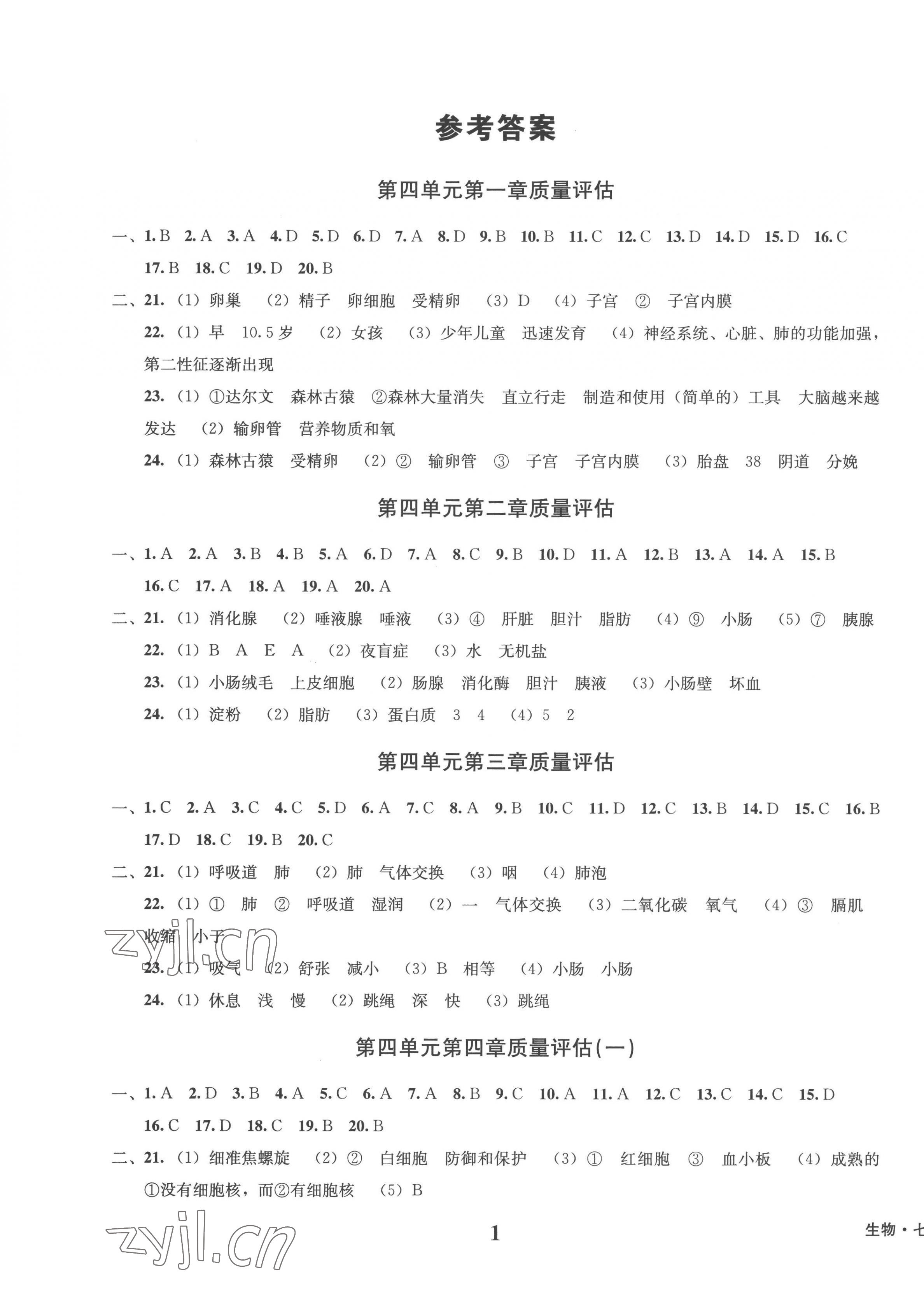 2023年学业质量测试簿七年级生物下册人教版 第1页