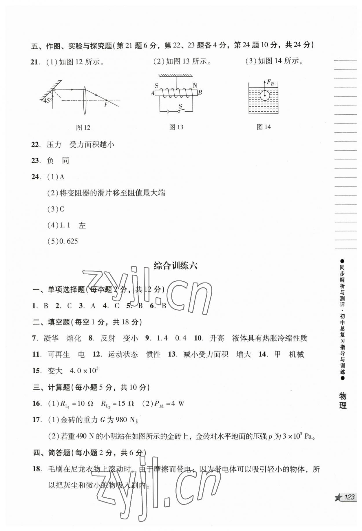 2023年同步解析与测评初中总复习指导与训练物理化学人教版 参考答案第6页