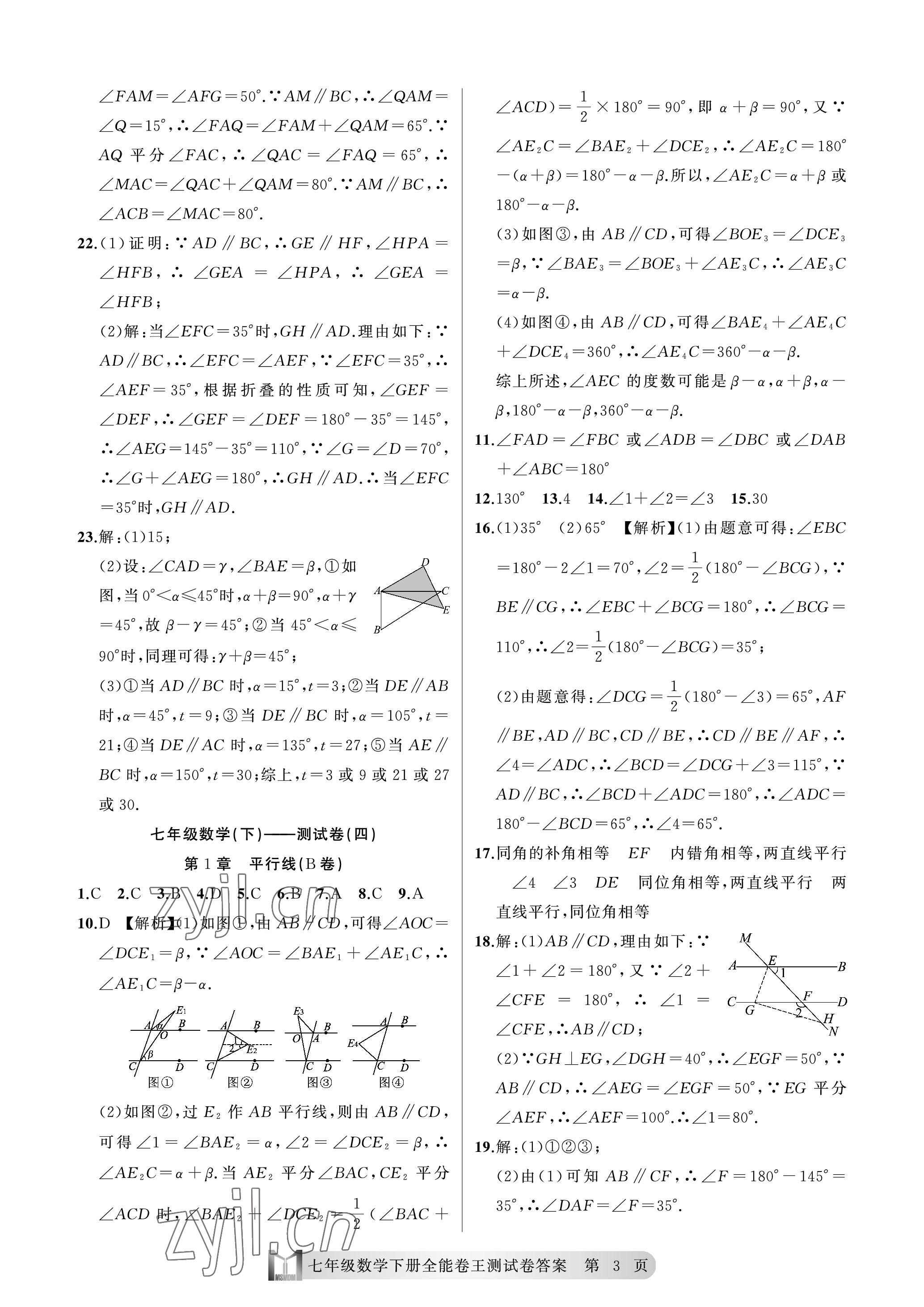 2023年全能卷王单元测试卷七年级数学下册浙教版 参考答案第3页