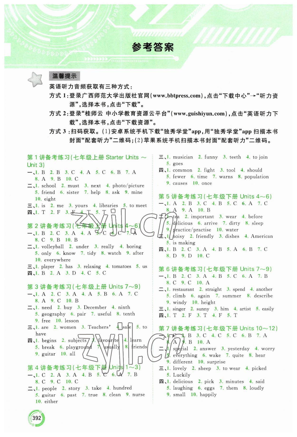 2023年中考先锋中考总复习广西师范大学出版社英语 参考答案第1页