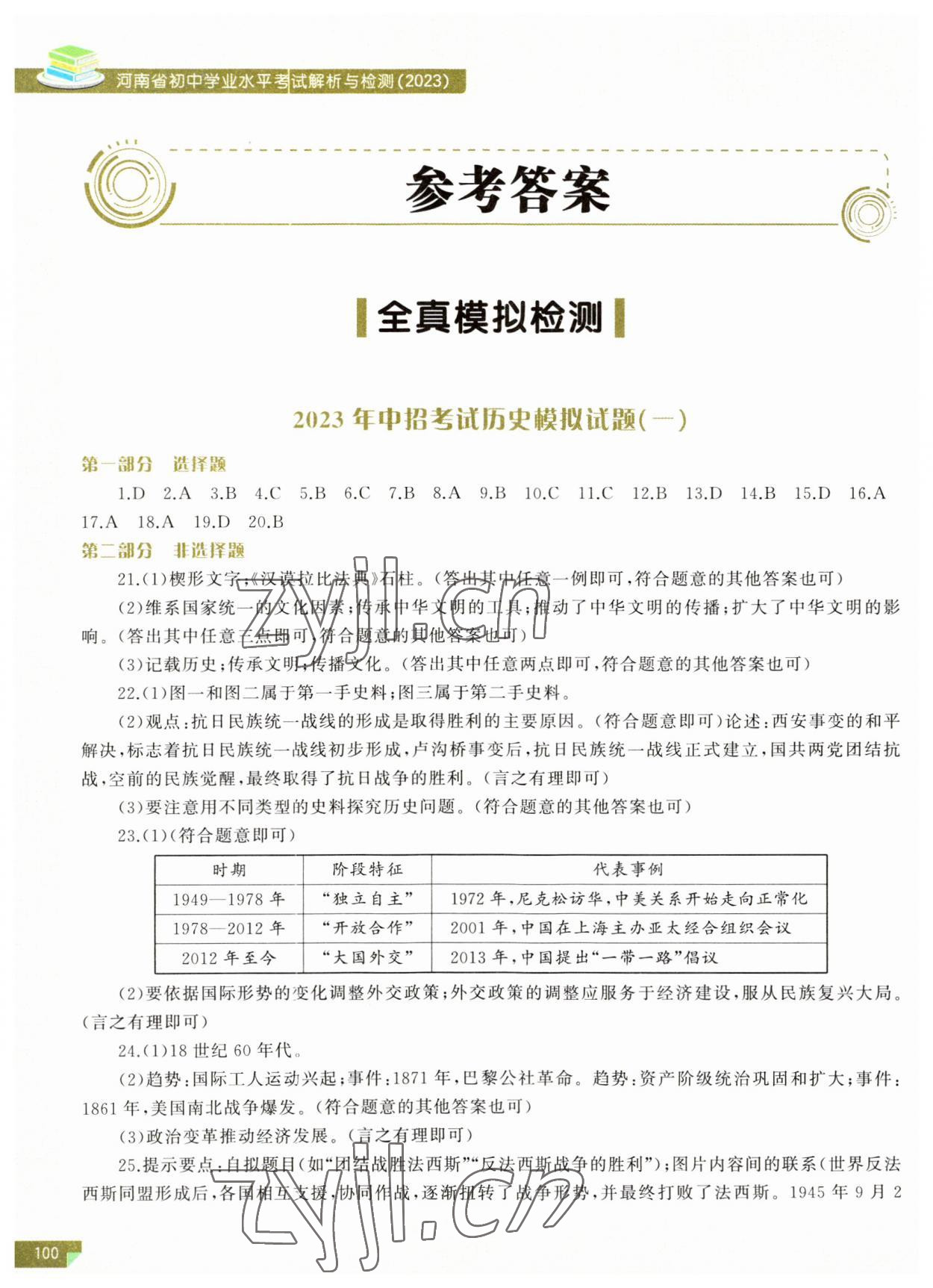 2023年河南省初中学业水平考试解析与检测历史下册 参考答案第1页