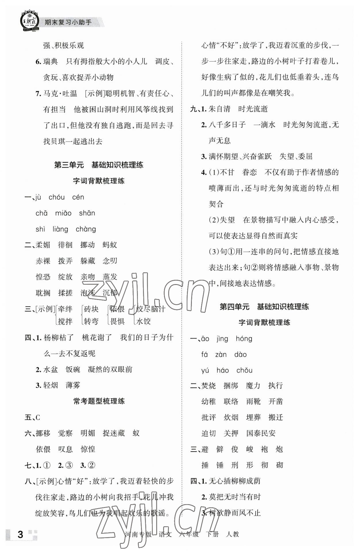 2023年王朝霞各地期末试卷精选六年级语文下册人教版河南专版 参考答案第3页