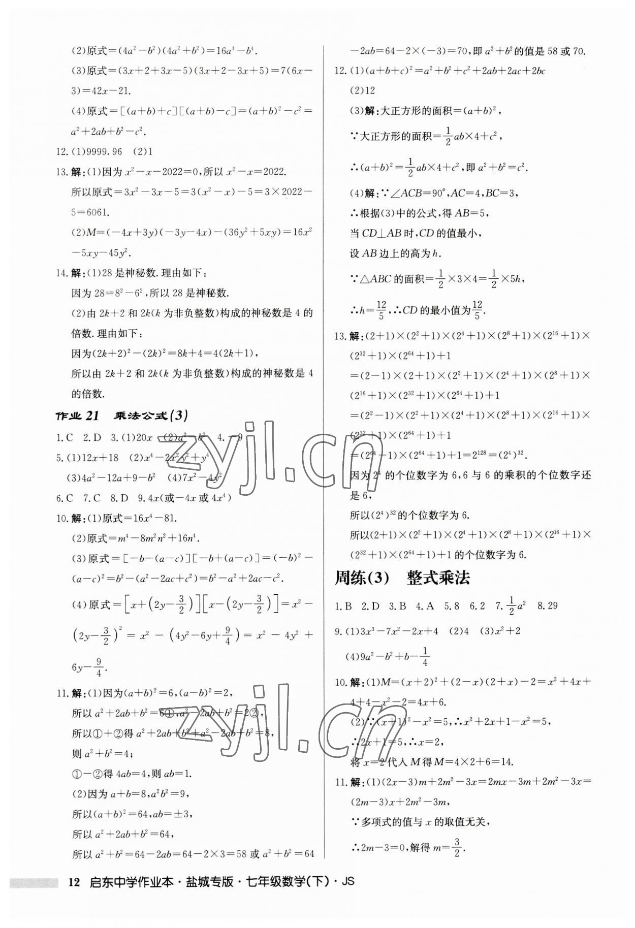 2023年啟東中學(xué)作業(yè)本七年級(jí)數(shù)學(xué)下冊蘇科版鹽城專版 第12頁