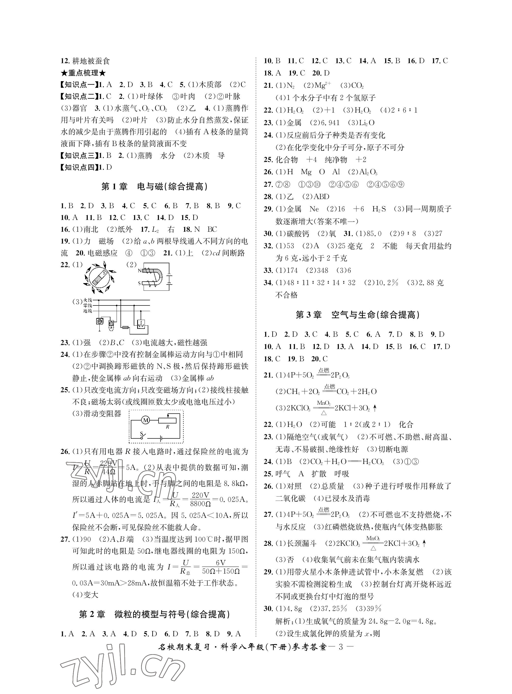 2023年名校期末复习宝典八年级科学下册浙教版 参考答案第3页