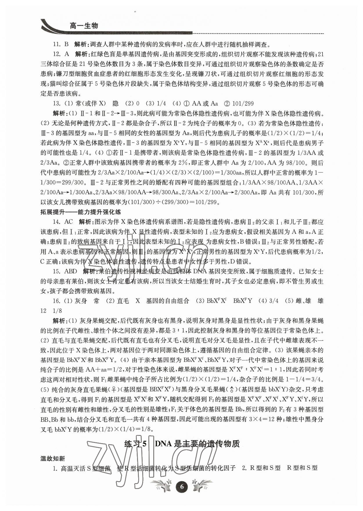 2023年效率暑假江苏人民出版社高一生物 参考答案第6页