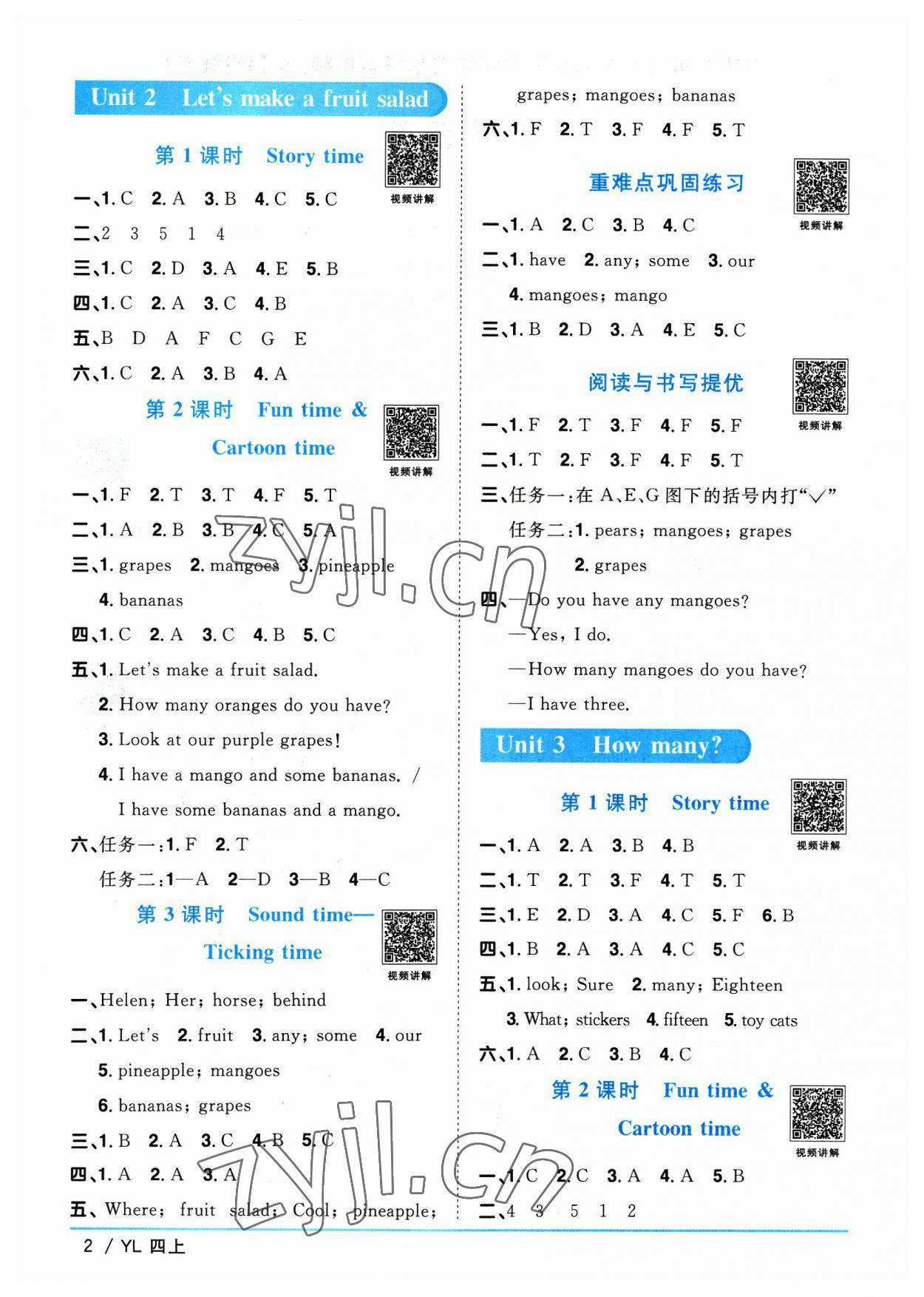 2023年陽光同學課時優(yōu)化作業(yè)四年級英語上冊譯林版江蘇專版 參考答案第2頁