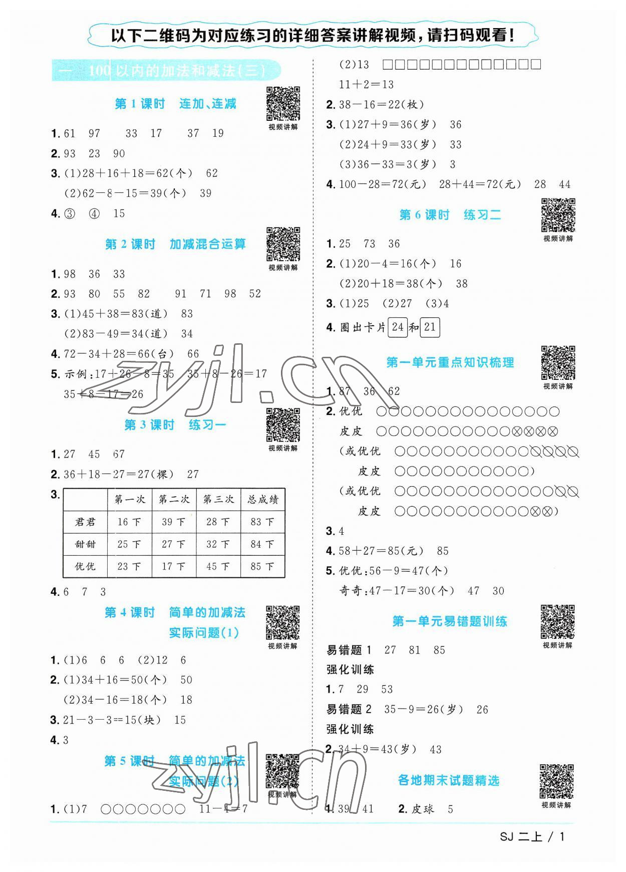 2023年陽光同學課時優(yōu)化作業(yè)二年級數(shù)學上冊蘇教版 第1頁