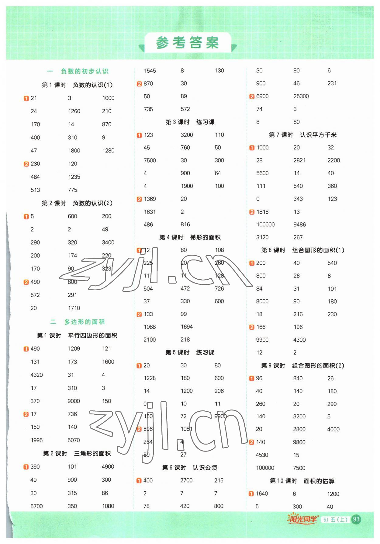 2023年阳光同学计算小达人五年级数学上册苏教版 参考答案第1页