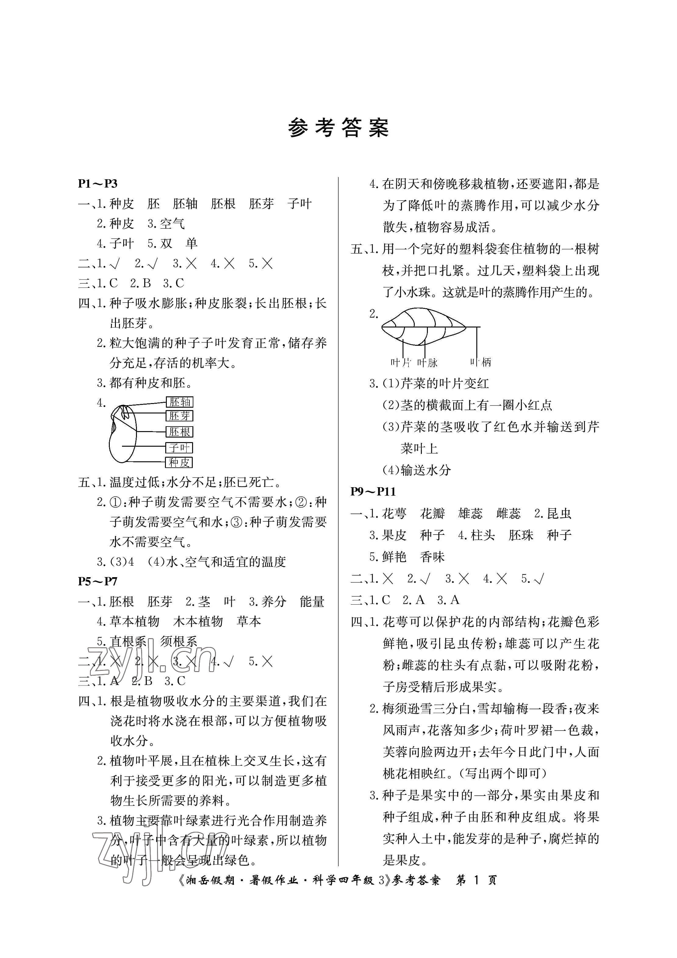 2023年湘岳假期暑假作业四年级科学教科版 参考答案第1页