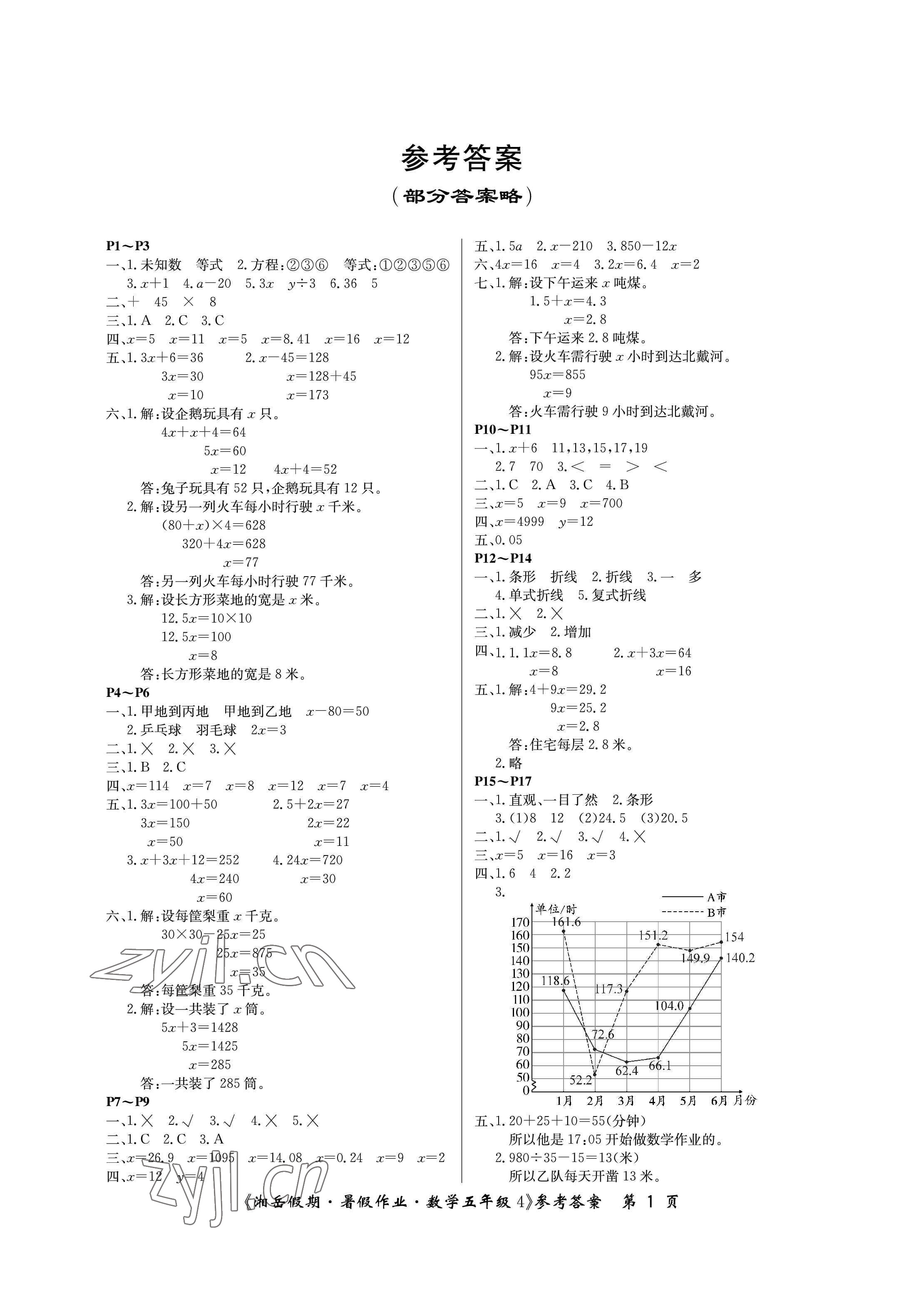 2023年湘岳假期暑假作业五年级数学苏教版 参考答案第1页