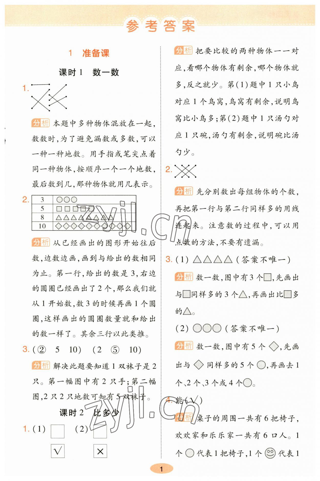 2023年黃岡同步訓(xùn)練一年級(jí)數(shù)學(xué)上冊(cè)人教版 參考答案第1頁