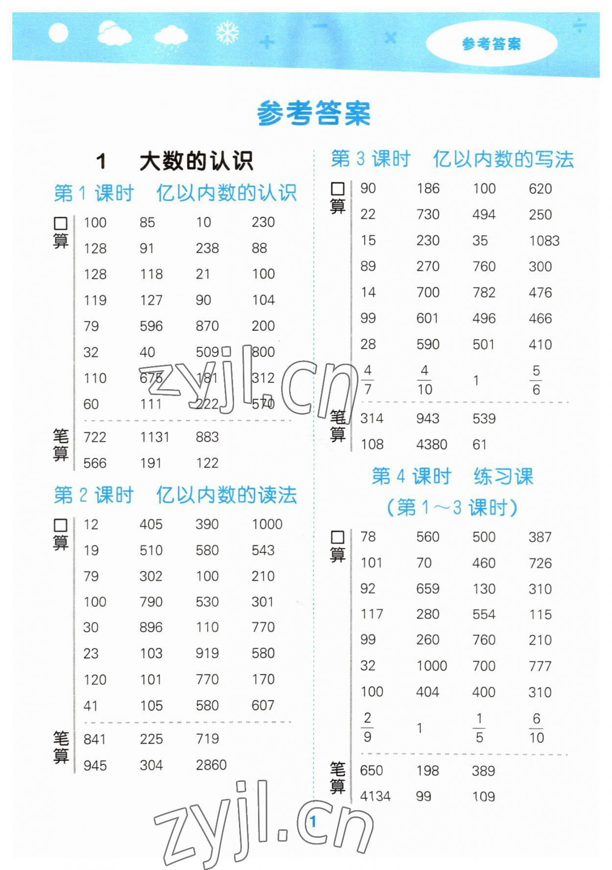 2023年口算大通關(guān)四年級(jí)數(shù)學(xué)上冊(cè)人教版 參考答案第1頁(yè)