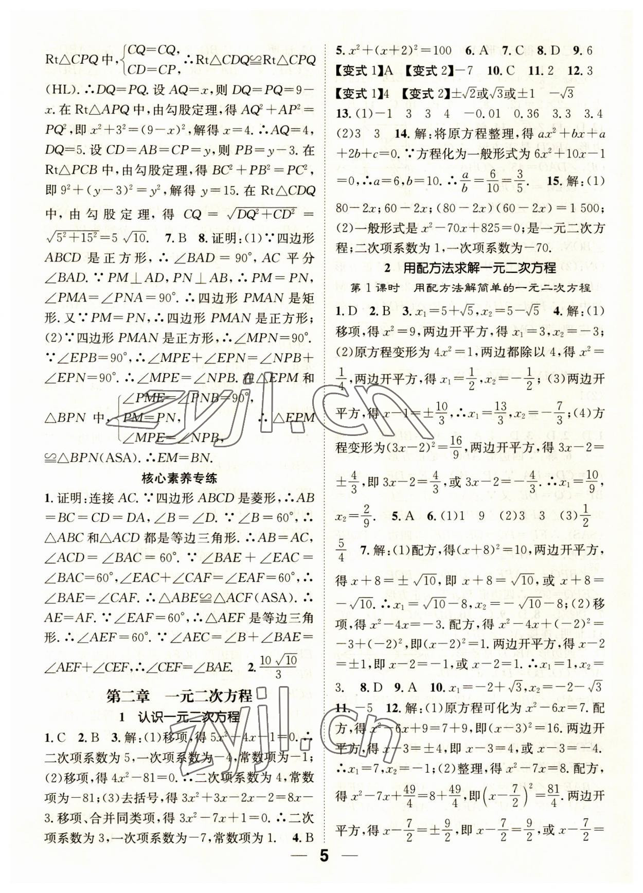 2023年精英新課堂九年級數(shù)學(xué)上冊北師大版 參考答案第5頁