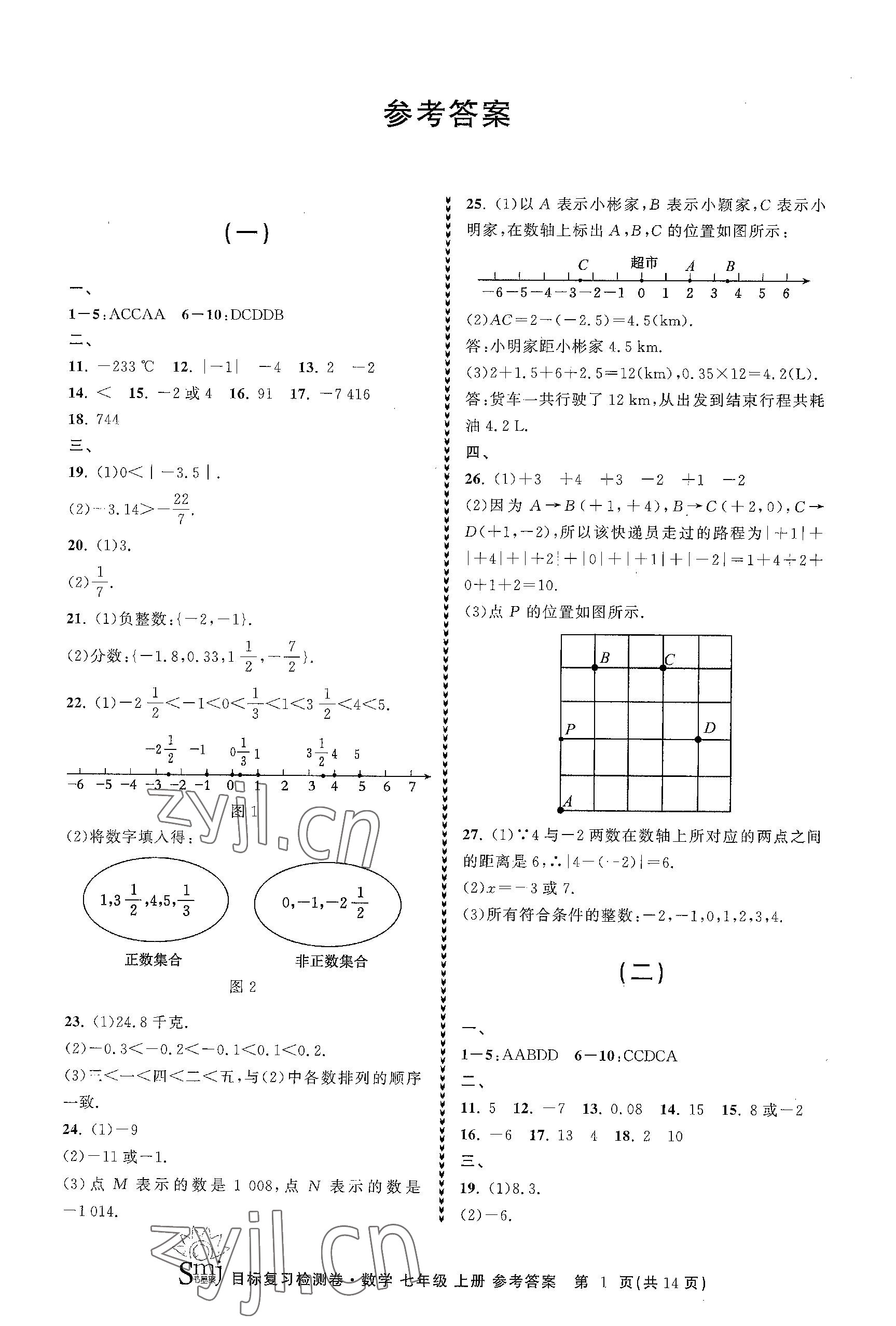 2023年目標(biāo)復(fù)習(xí)檢測卷七年級數(shù)學(xué)上冊浙教版 參考答案第1頁