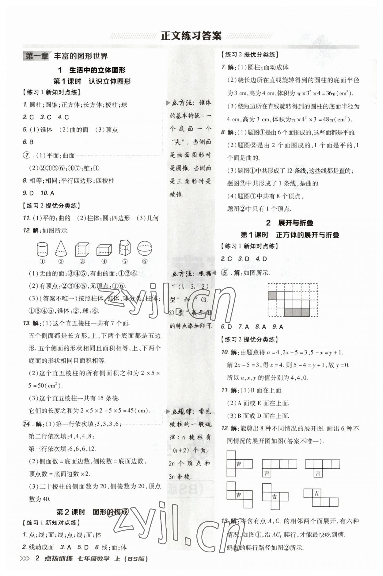 2023年點撥訓(xùn)練七年級數(shù)學(xué)上冊北師大版 參考答案第1頁