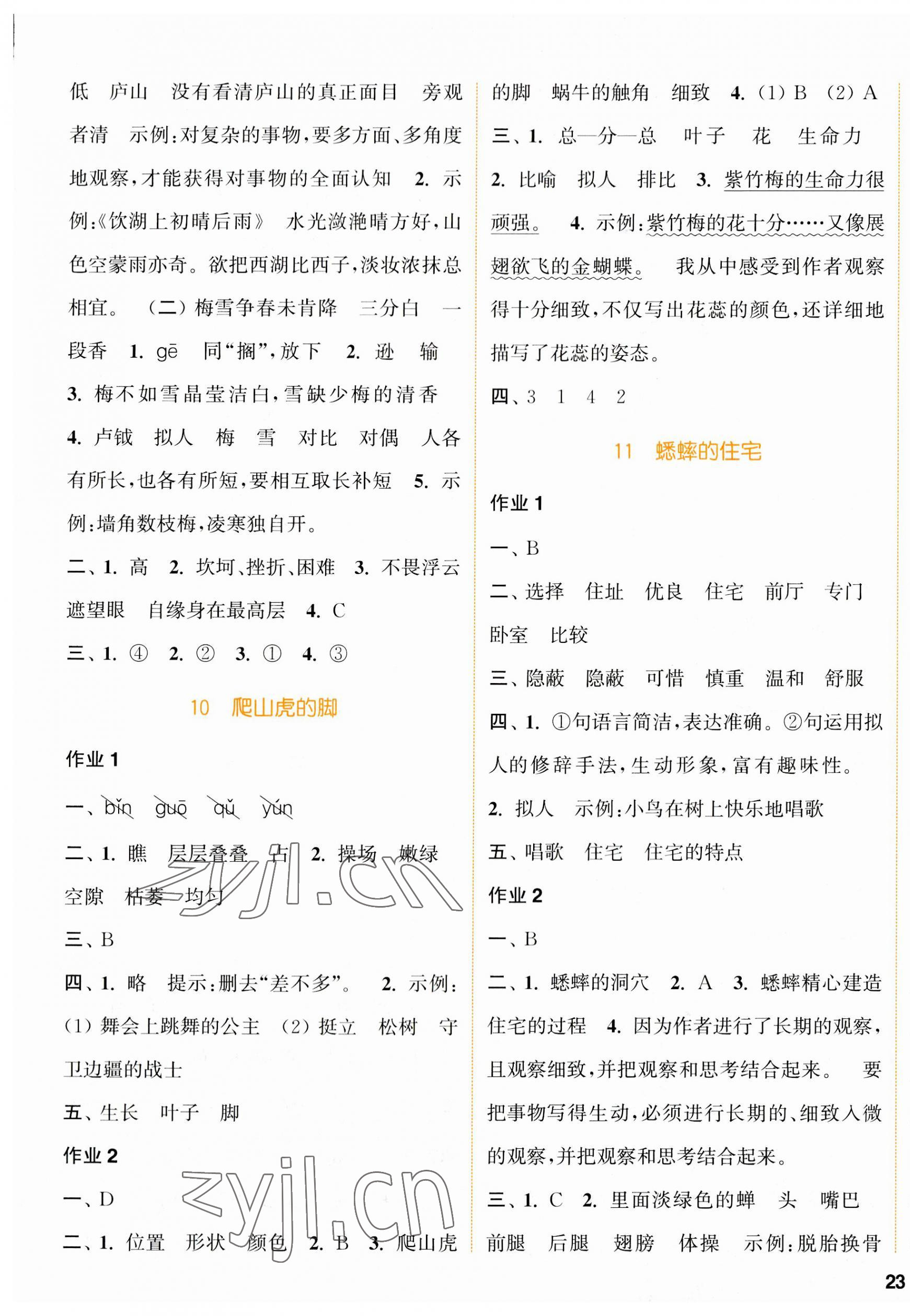 2023年通城學(xué)典課時作業(yè)本四年級語文上冊人教版浙江專版 參考答案第5頁